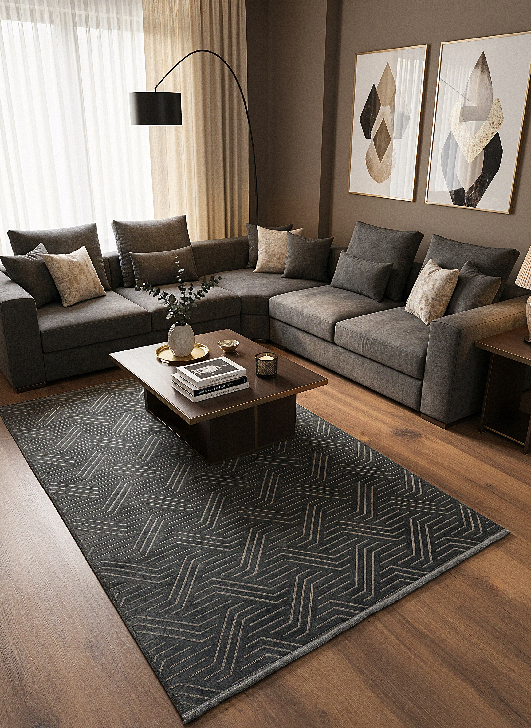 ŞÖNİL PERLA - ANTRASİT Makinede Yıkanabilir Geometrik Modern Desenli Salon Koridor Mutfak Şönil Dokuma Halı