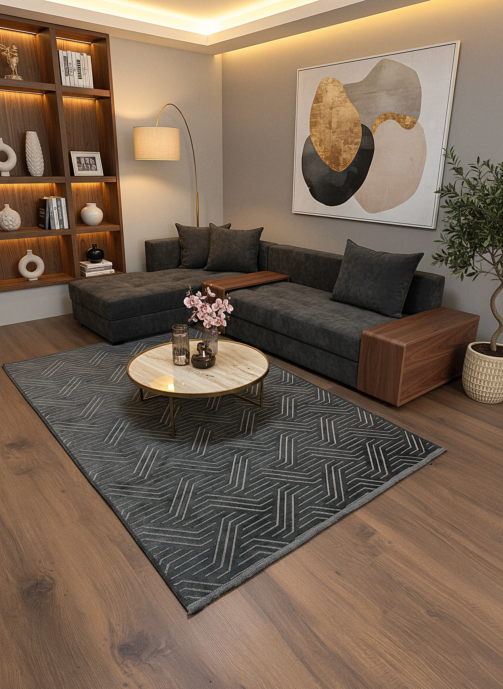 ŞÖNİL PERLA - ANTRASİT Makinede Yıkanabilir Geometrik Modern Desenli Salon Koridor Mutfak Şönil Dokuma Halı