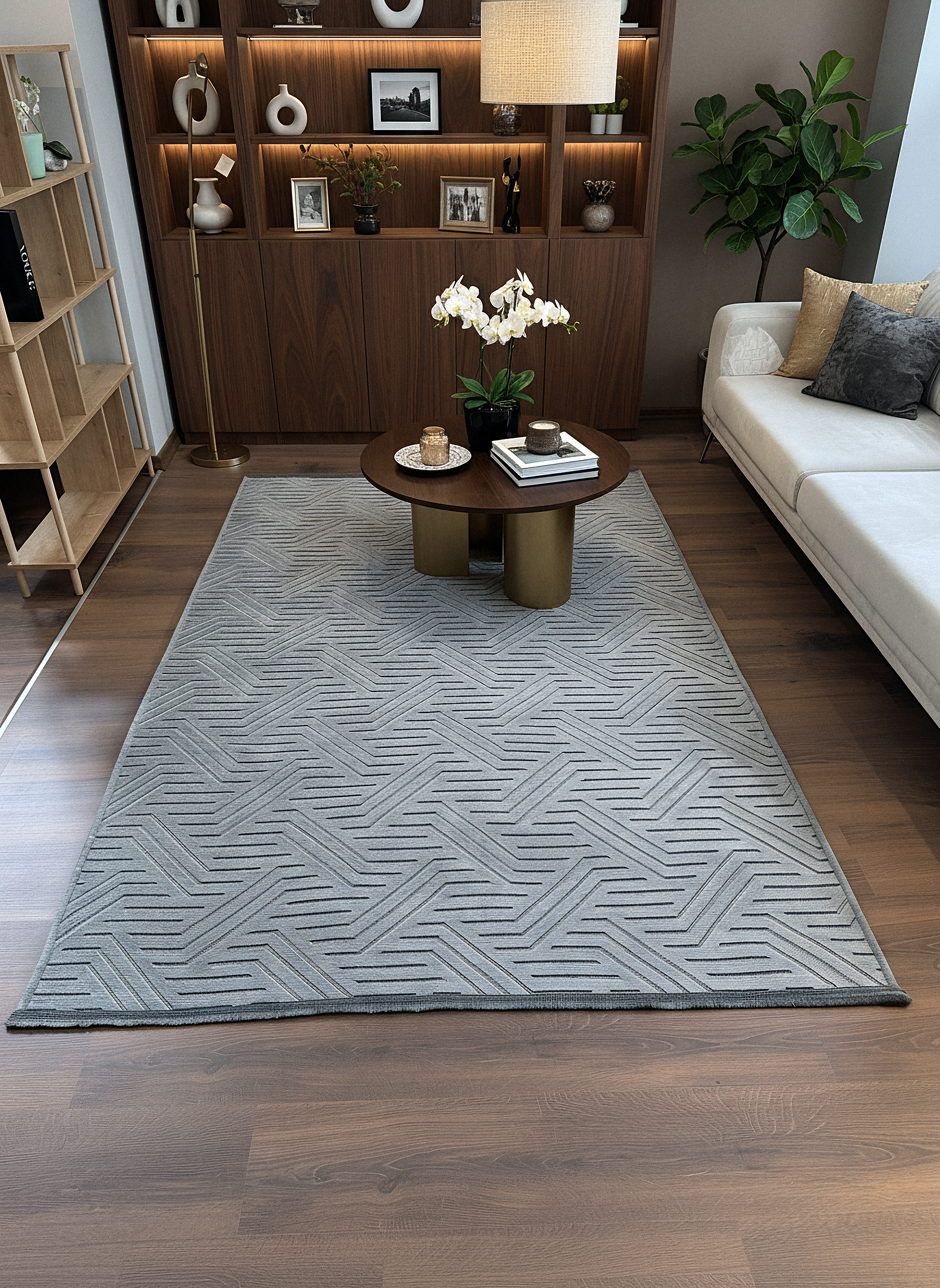 ŞÖNİL PERLA - GRİ Makinede Yıkanabilir Geometrik Modern Desenli Salon Koridor Mutfak Şönil Dokuma Halı