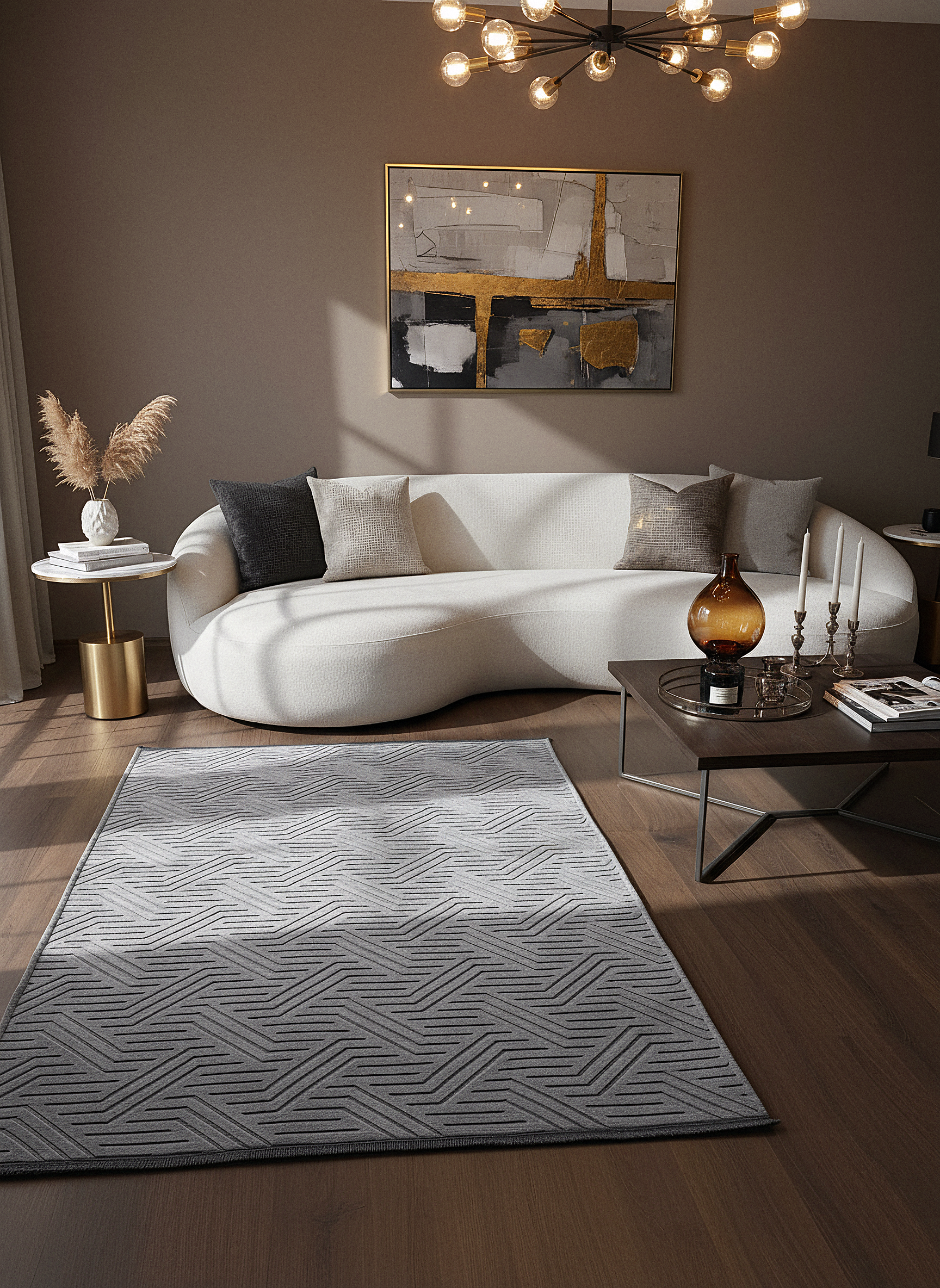 ŞÖNİL PERLA - GRİ Makinede Yıkanabilir Geometrik Modern Desenli Salon Koridor Mutfak Şönil Dokuma Halı