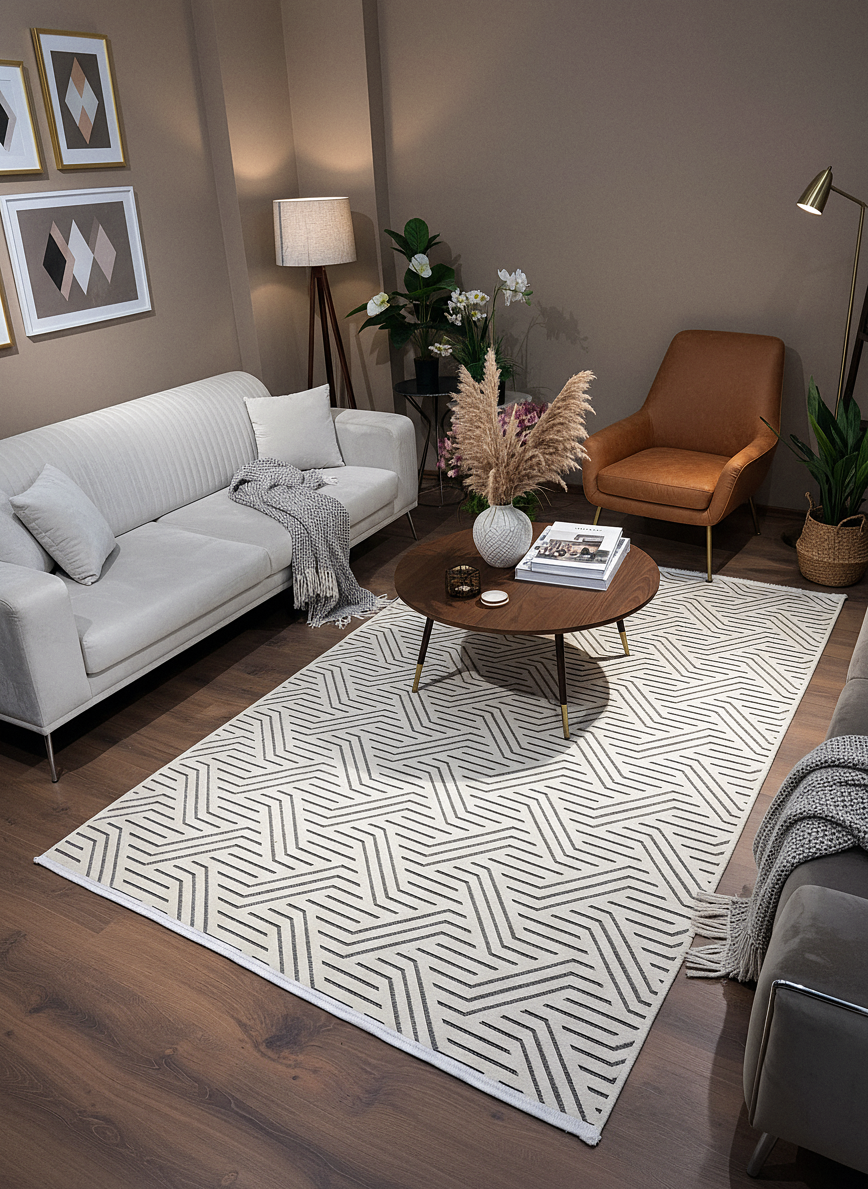 ŞÖNİL PERLA - KREM Makinede Yıkanabilir Geometrik Modern Desenli Salon Koridor Mutfak Şönil Dokuma Halı