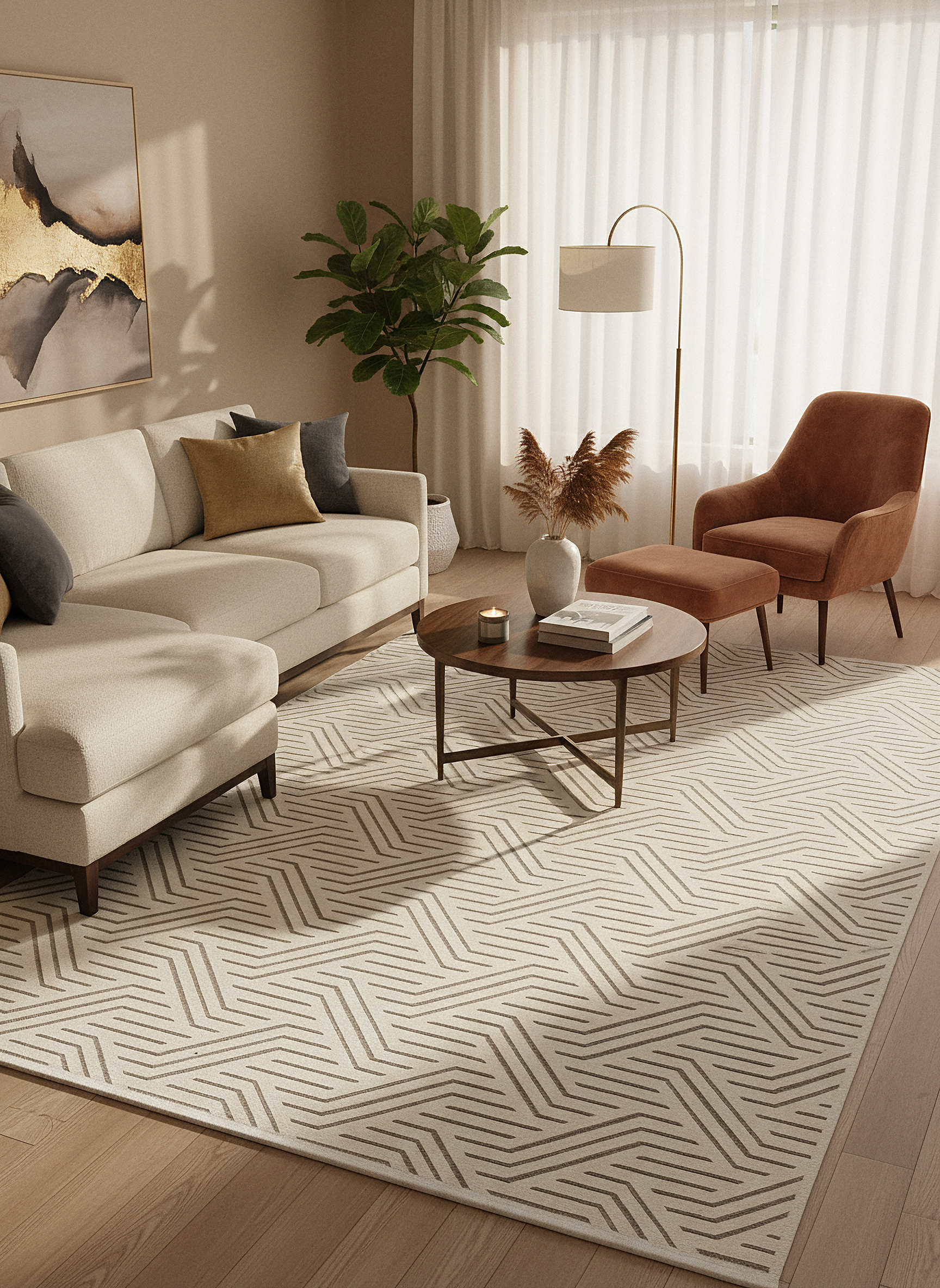 ŞÖNİL PERLA - KREM Makinede Yıkanabilir Geometrik Modern Desenli Salon Koridor Mutfak Şönil Dokuma Halı