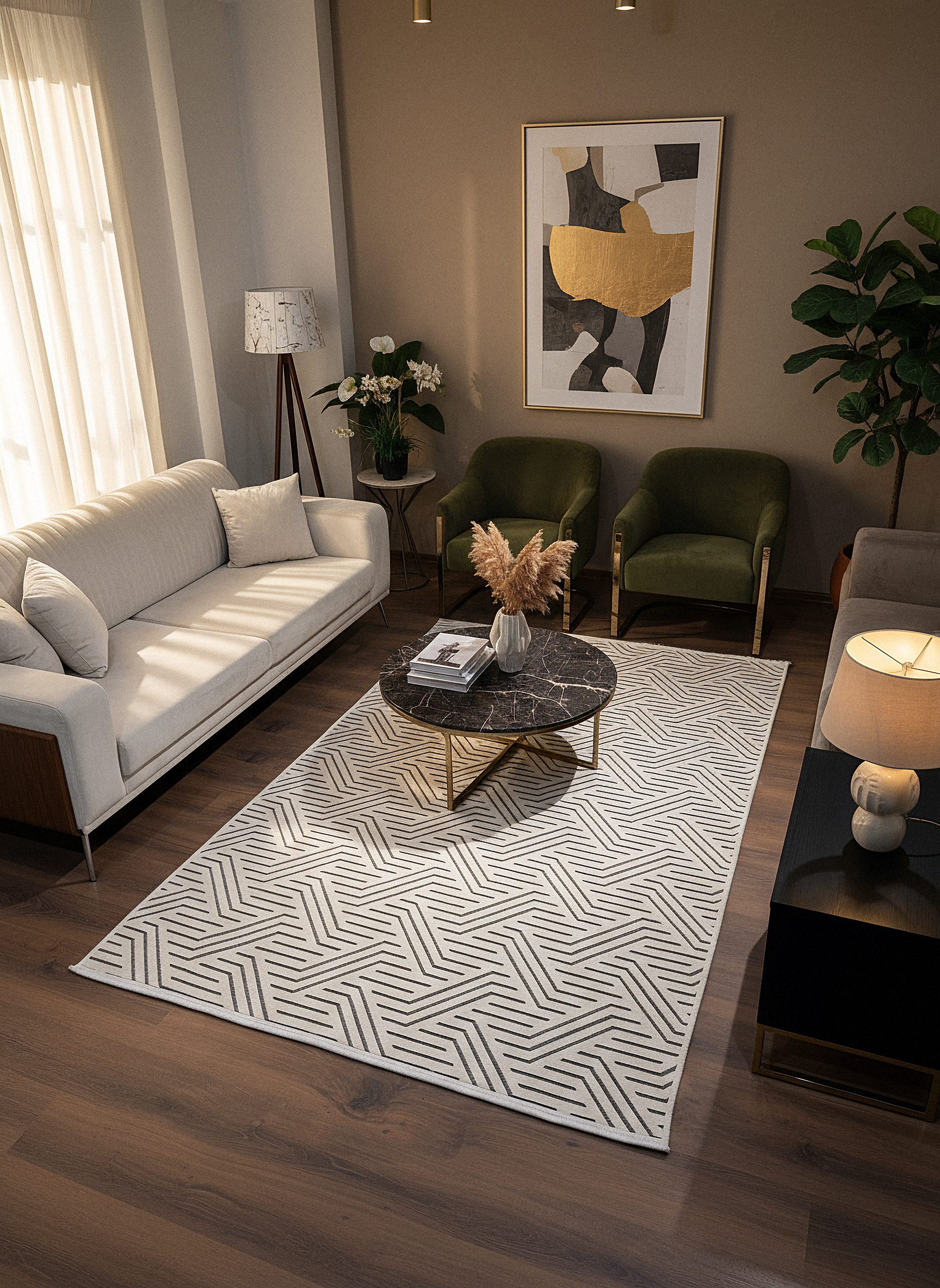 ŞÖNİL PERLA - KREM Makinede Yıkanabilir Geometrik Modern Desenli Salon Koridor Mutfak Şönil Dokuma Halı