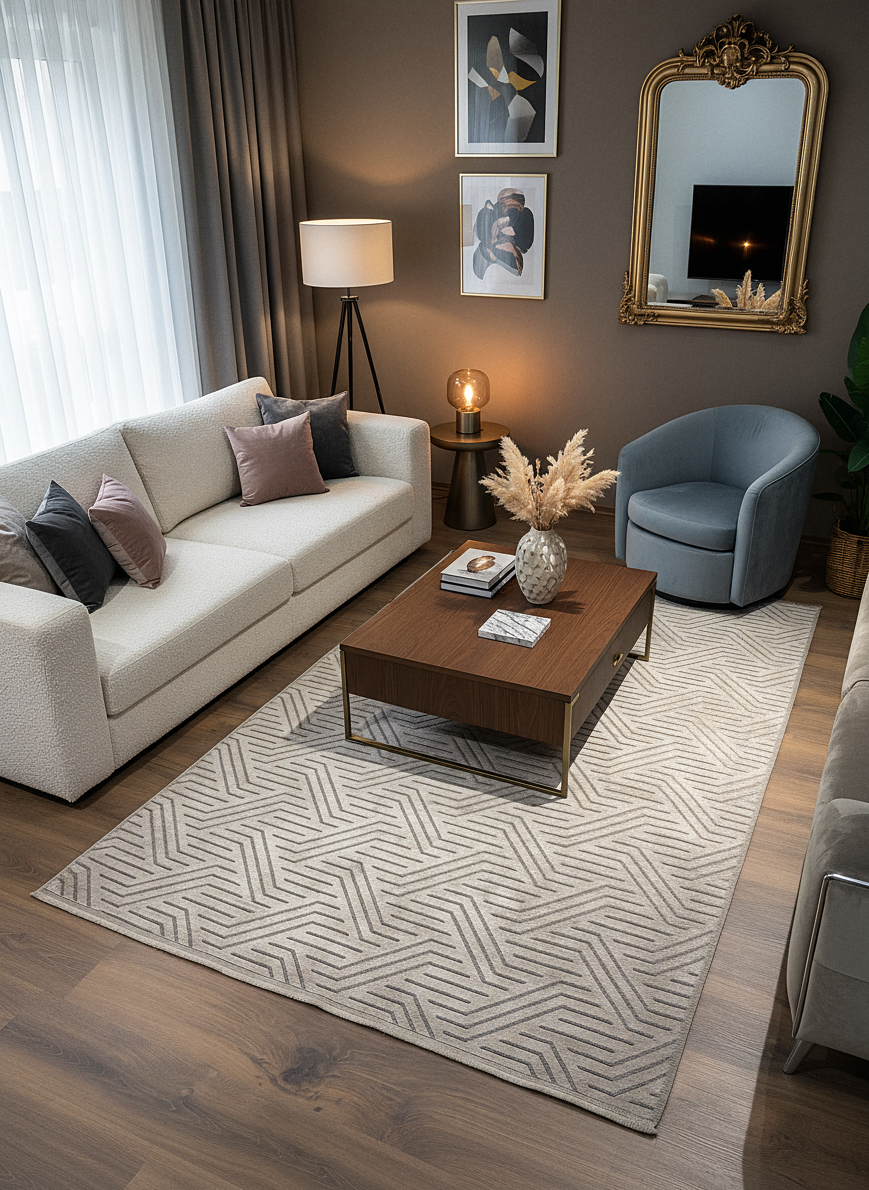 ŞÖNİL PERLA - VİZON Makinede Yıkanabilir Geometrik Modern Desenli Salon Koridor Mutfak Şönil Dokuma Halı