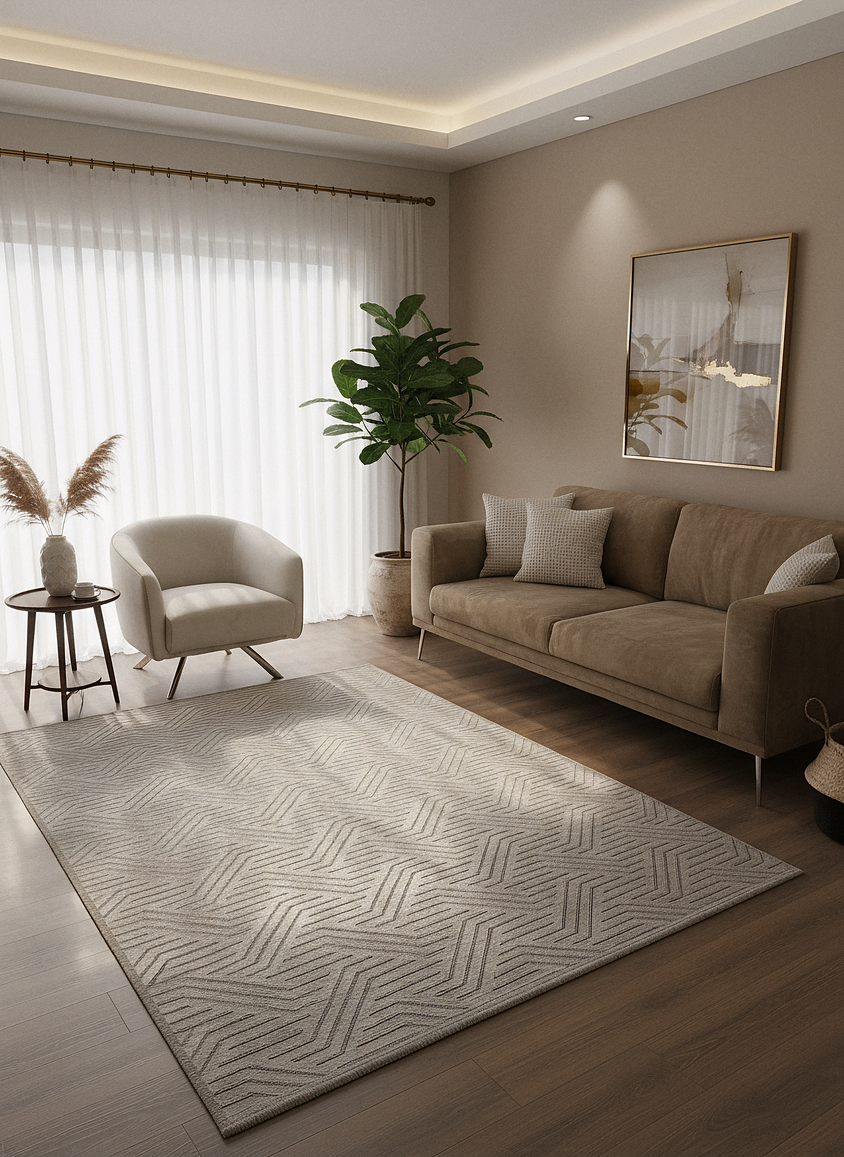 ŞÖNİL PERLA - VİZON Makinede Yıkanabilir Geometrik Modern Desenli Salon Koridor Mutfak Şönil Dokuma Halı