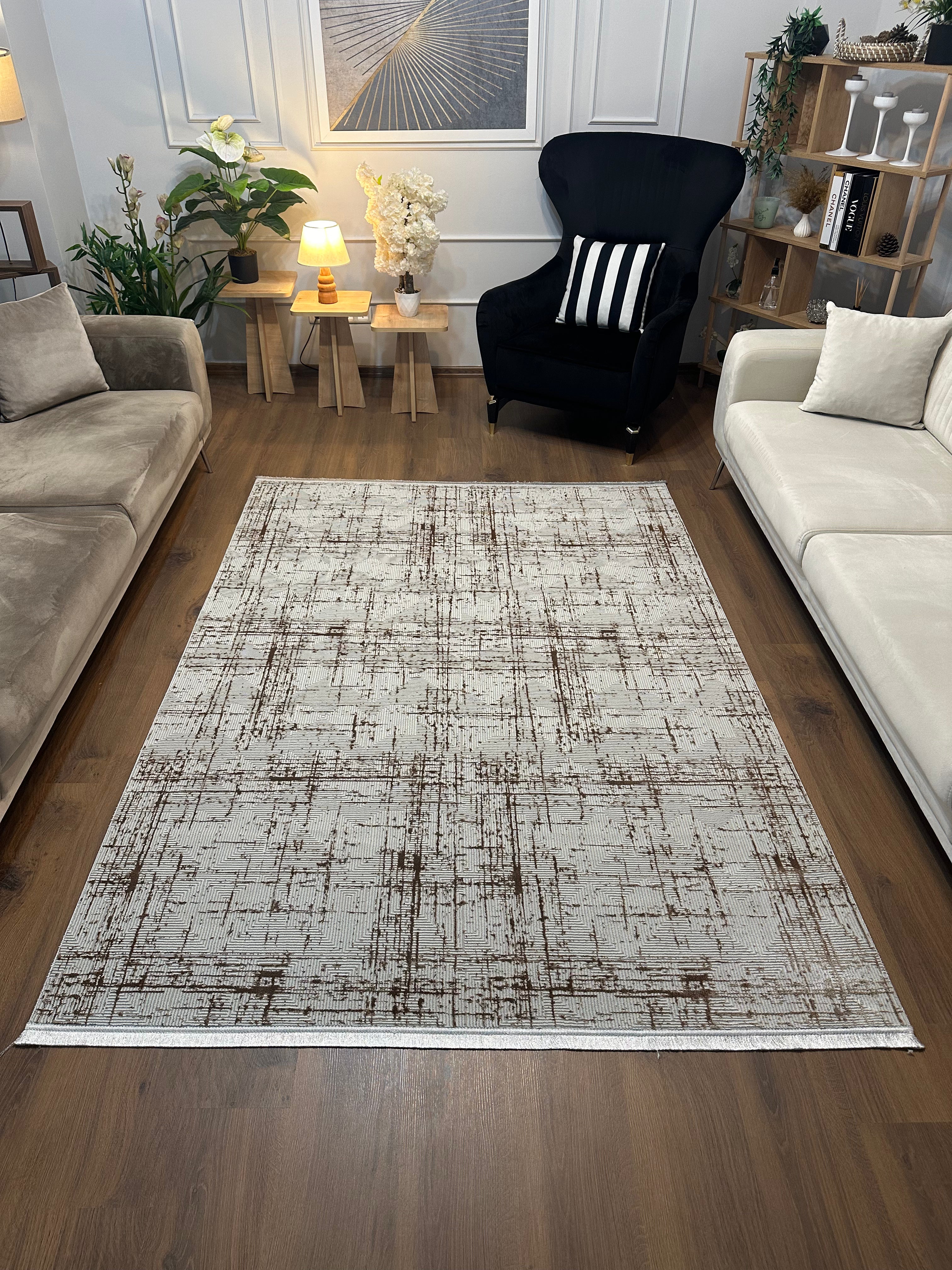 LOTUS 50T-KAHVE/KREM Kaymaz Taban Sentetik Bambu Parlak Saten Salon Halısı