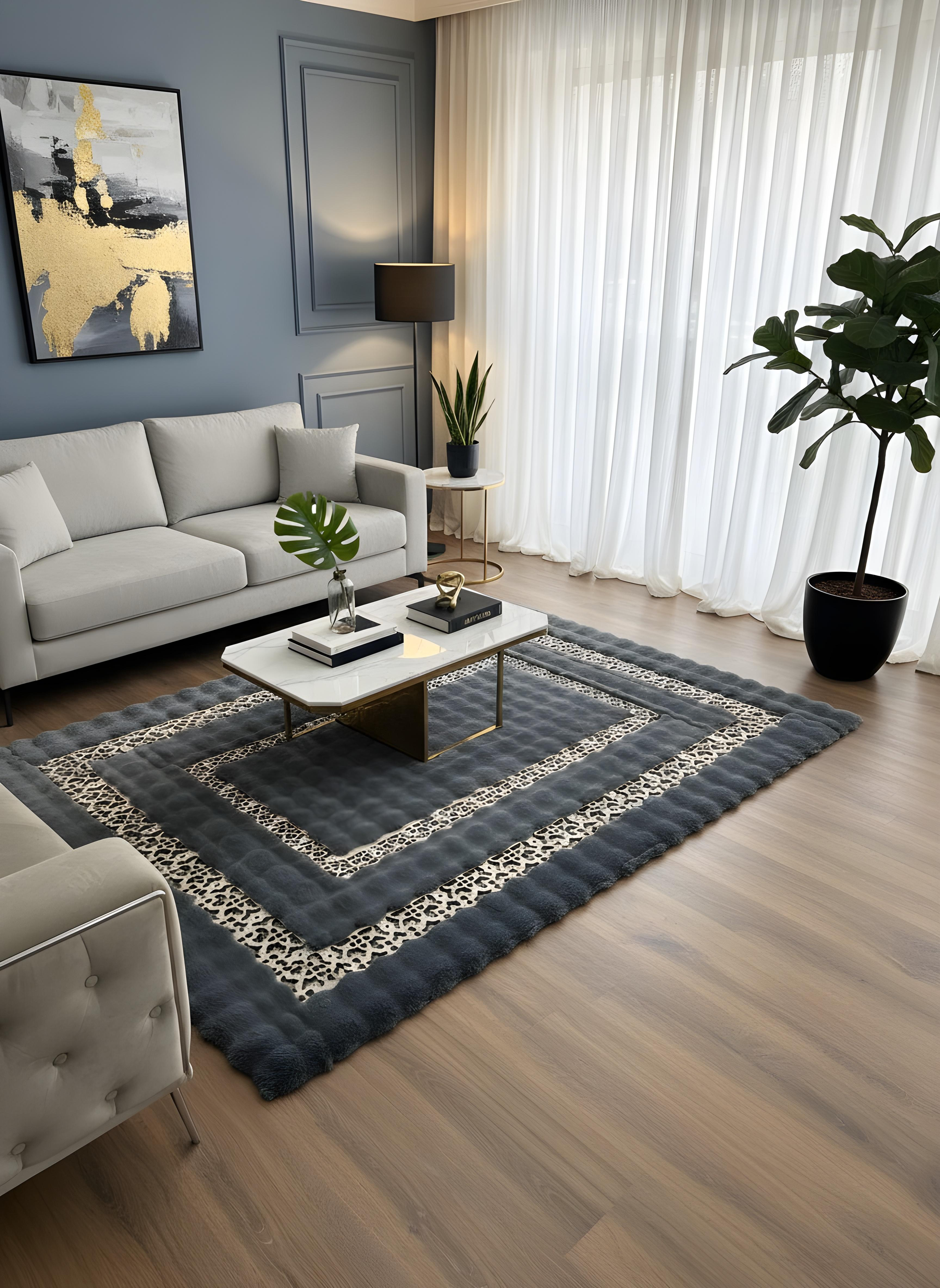 Royal Serisi Turmalin - El İşçiliği ile Tavşan Post ve Varaklı Deri Dekoratif Halı