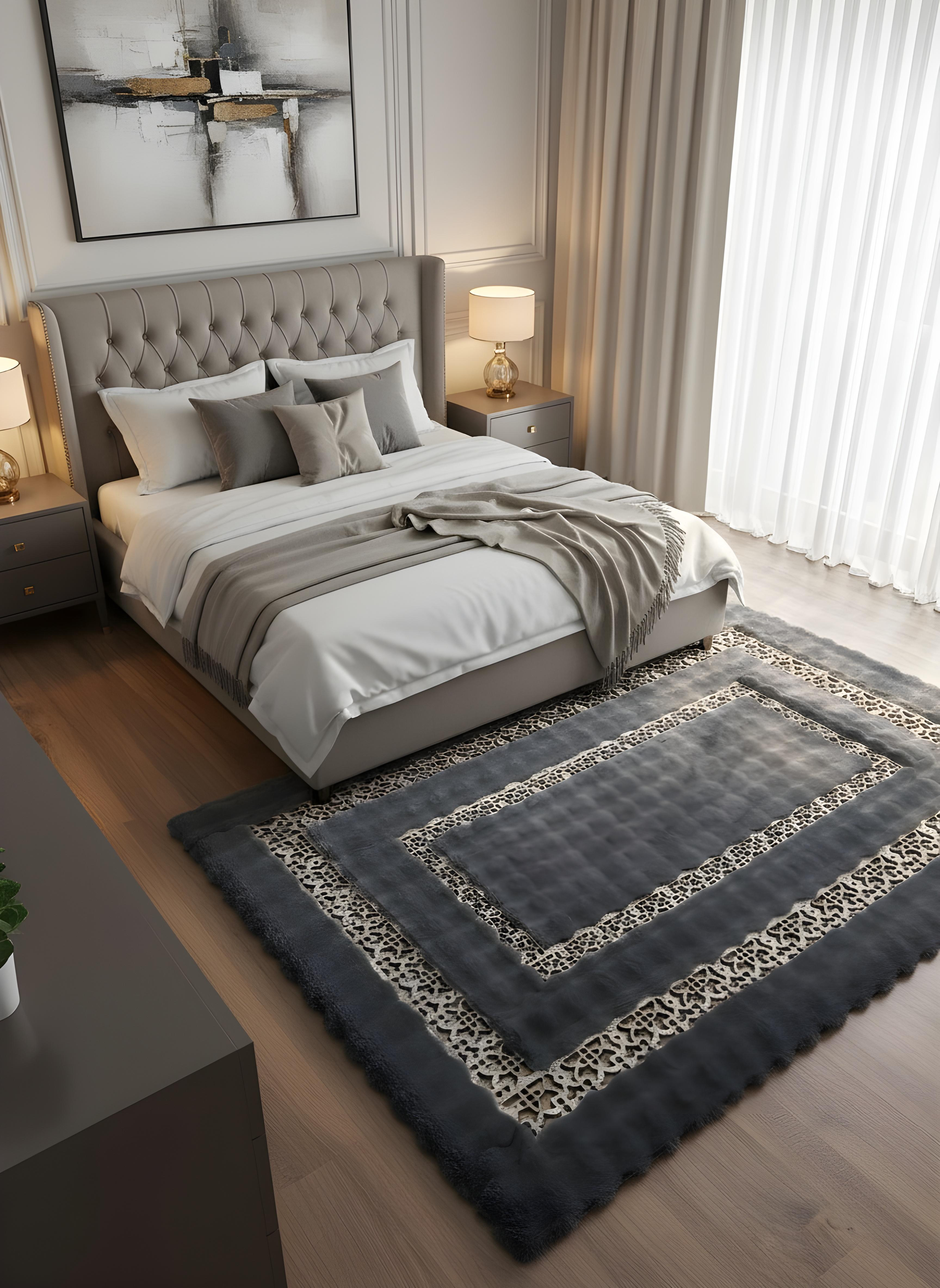 Royal Serisi Turmalin - El İşçiliği ile Tavşan Post ve Varaklı Deri Dekoratif Halı