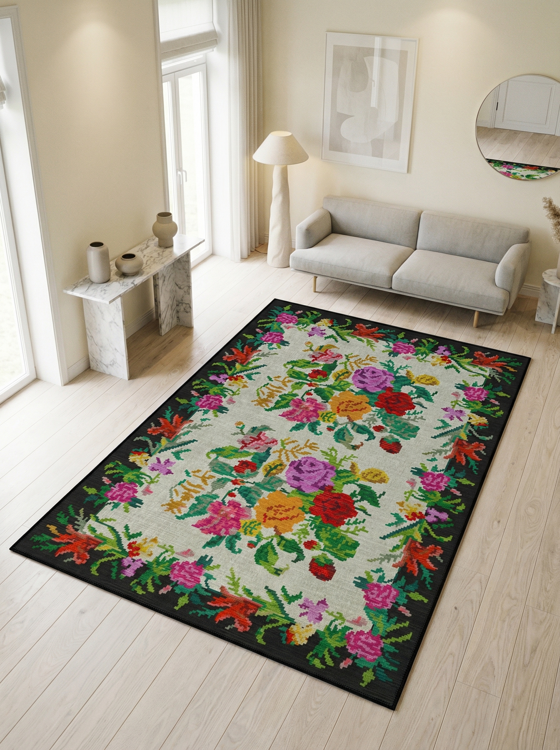 Arte VN006 Vintage Klasik Çiçek Figürlü Dekoratif Şönil Halı