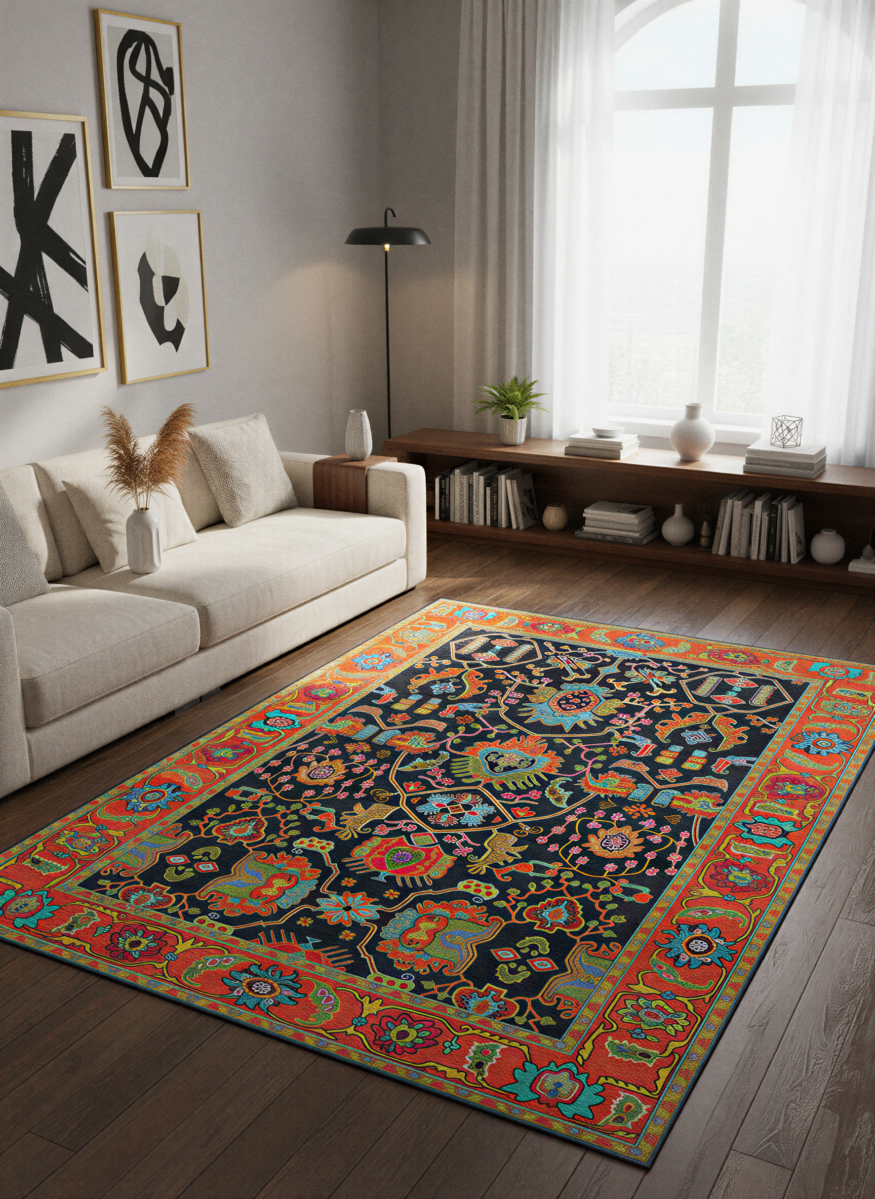 Arte VN042 Vintage Çiçek Figürlü Dekoratif Şönil Halı