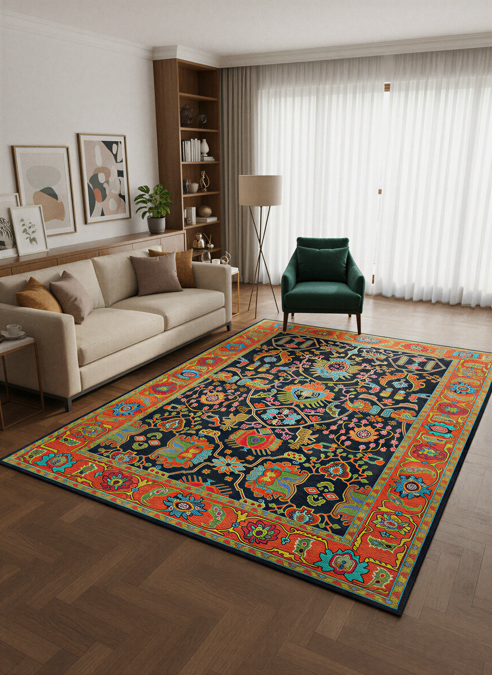 Arte VN042 Vintage Çiçek Figürlü Dekoratif Şönil Halı