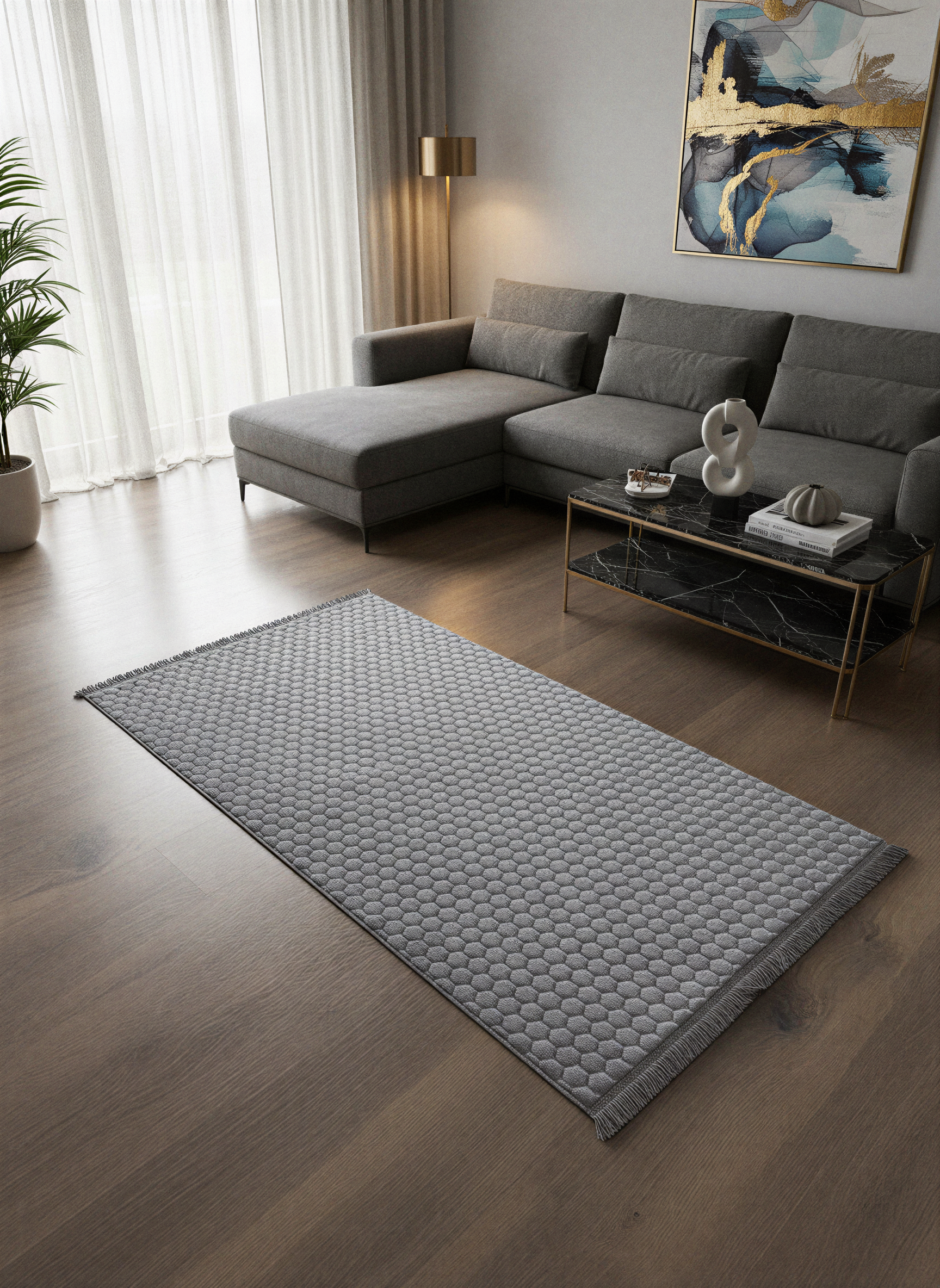 TAVŞAN PETEK GRİ - Kaymaz Deri Taban Tavşan Shaggy Yatak Odası Oturma Odası Çocuk Odası Halısı