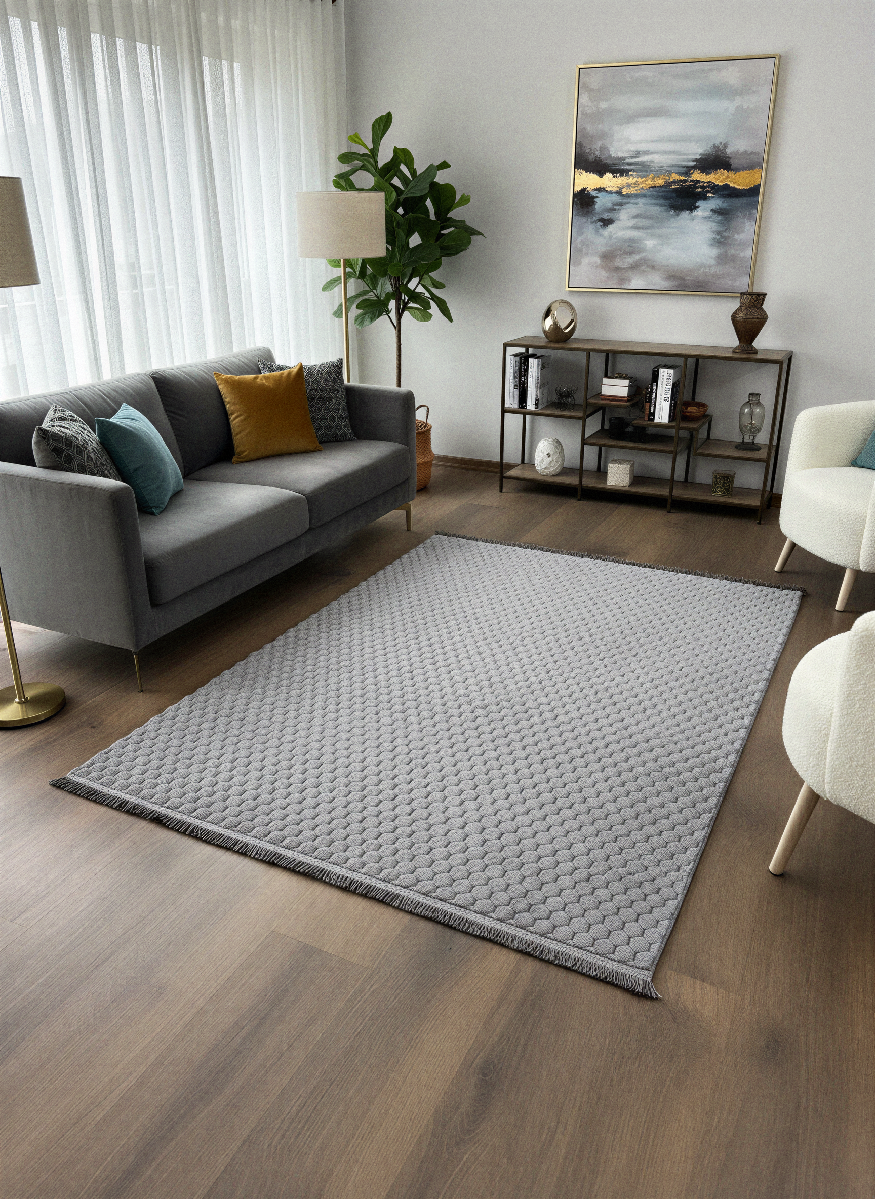 TAVŞAN PETEK GRİ - Kaymaz Deri Taban Tavşan Shaggy Yatak Odası Oturma Odası Çocuk Odası Halısı