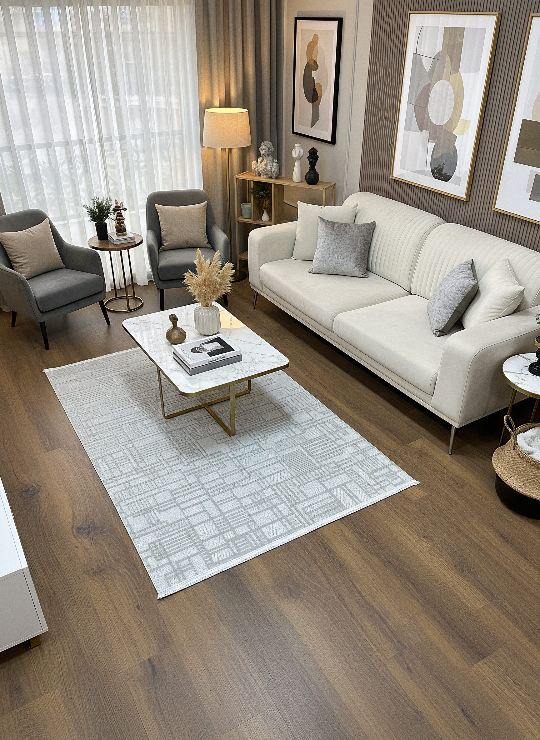 MYRA 448 Gri Geometrik Desenli Modern Salon Mutfak Koridor Balkon Halısı