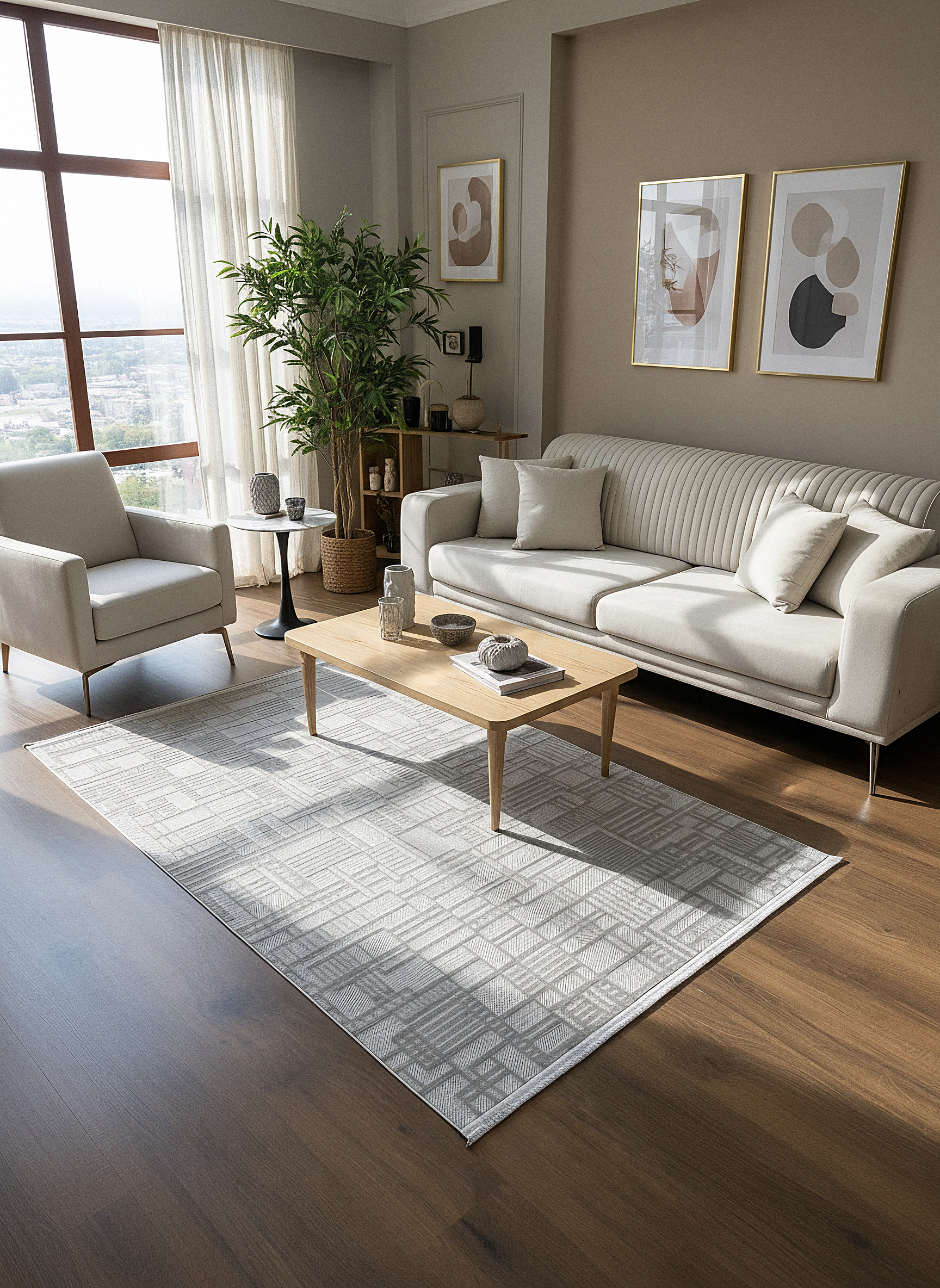 MYRA 448 Gri Geometrik Desenli Modern Salon Mutfak Koridor Balkon Halısı