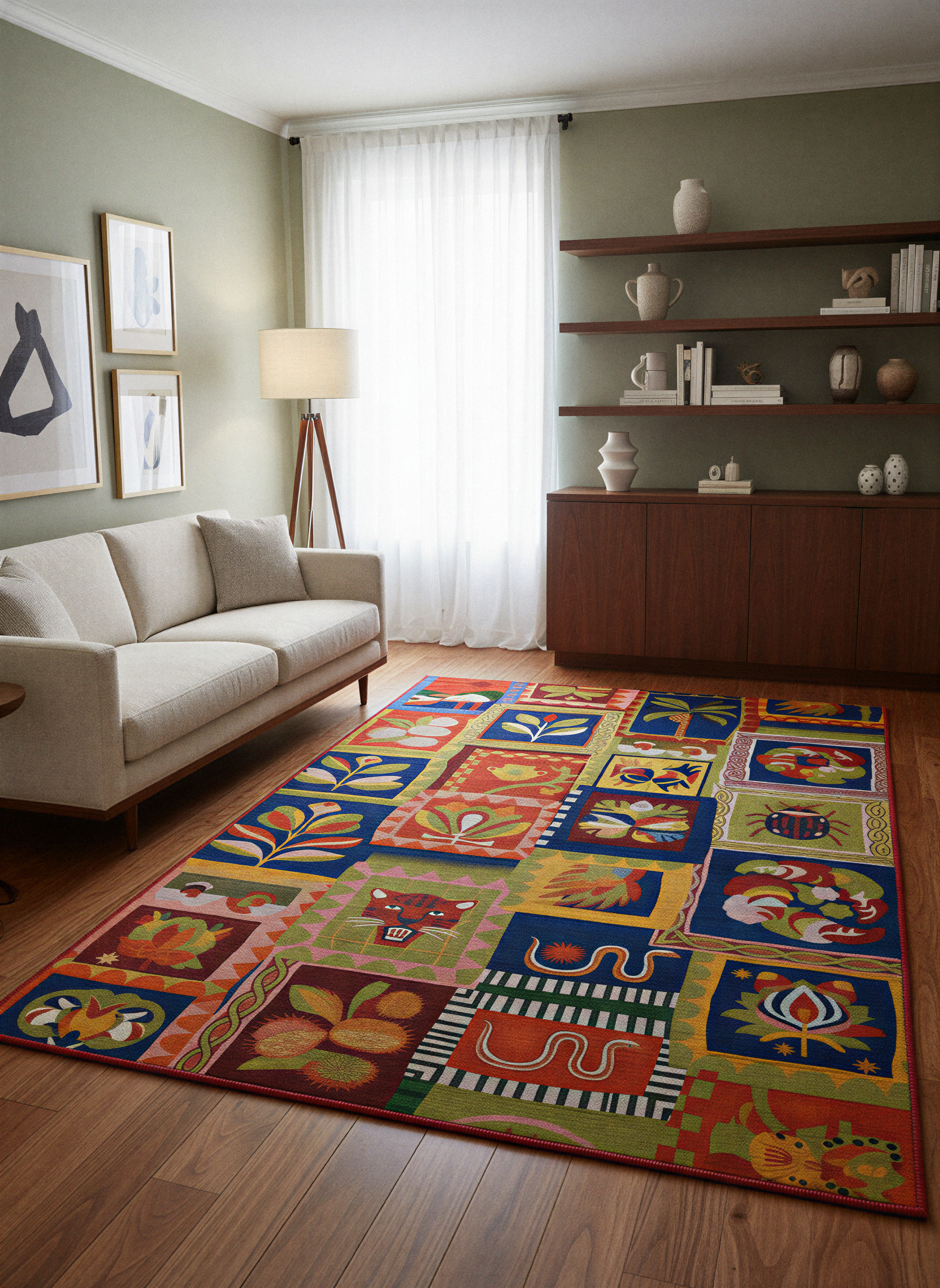 Arte HD041 Hayvan ve Çiçek Figürlü Modern Renkli Dekoratif Dokuma Halı