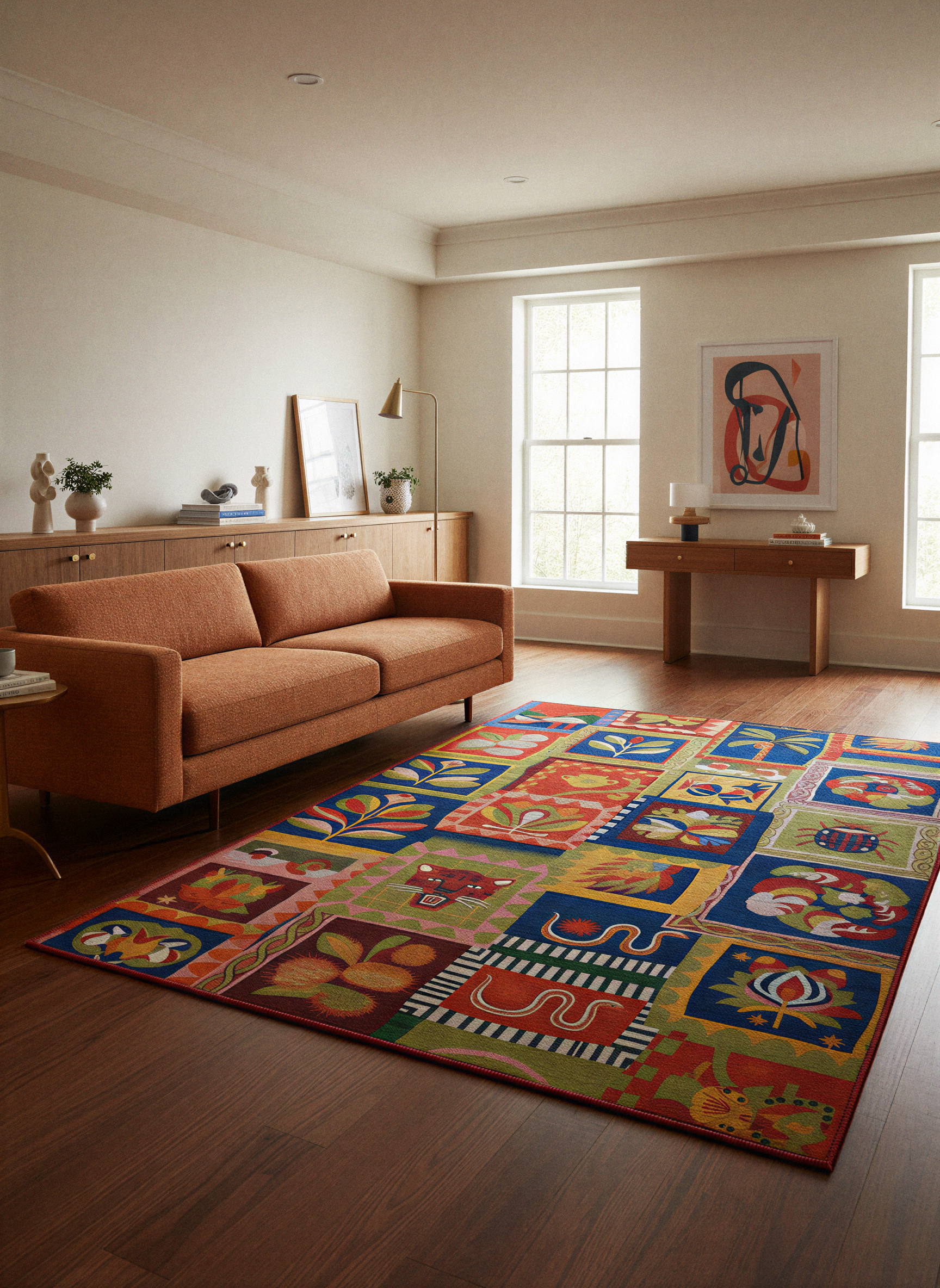 Arte HD041 Hayvan ve Çiçek Figürlü Modern Renkli Dekoratif Dokuma Halı