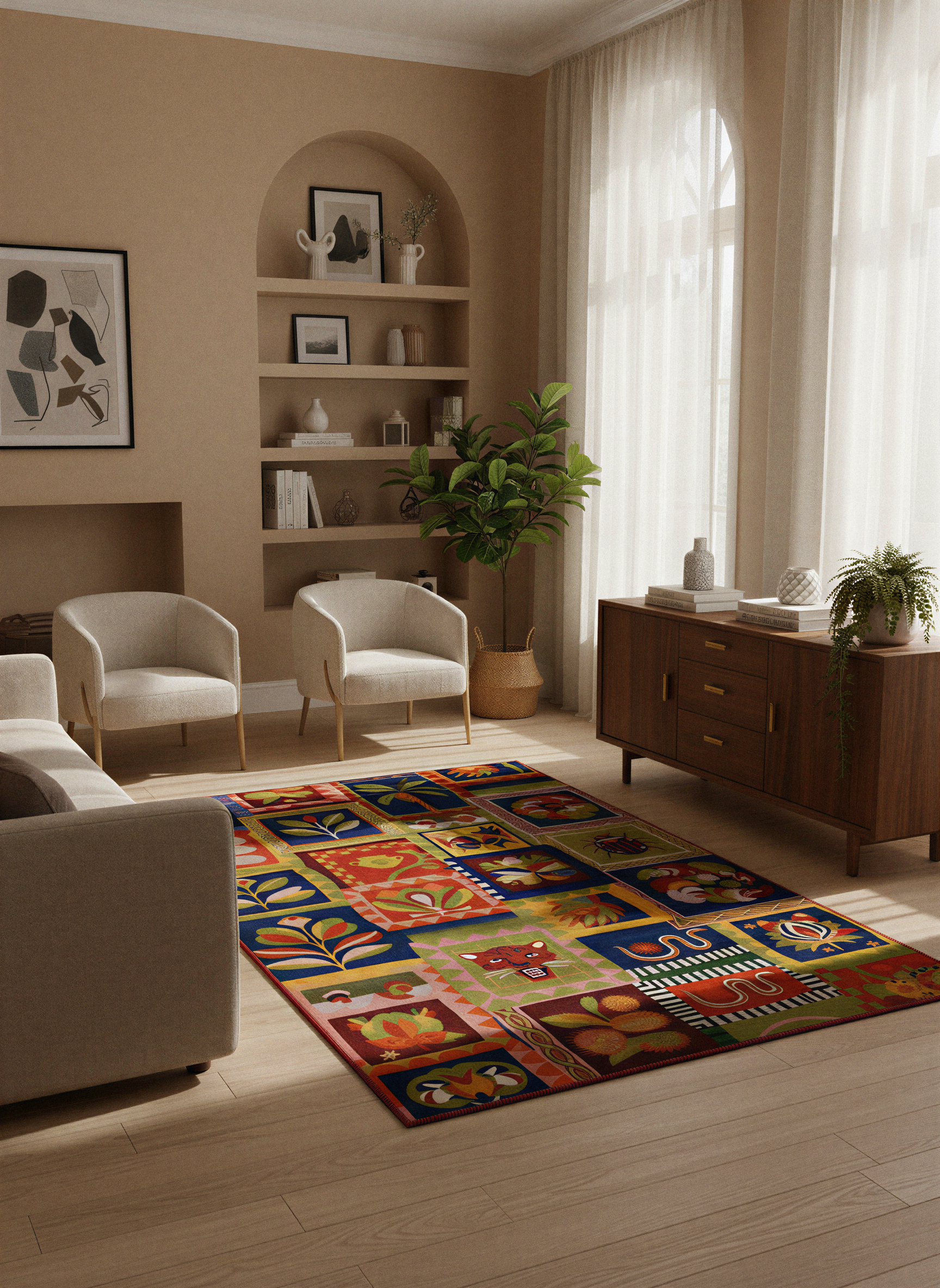 Arte HD041 Hayvan ve Çiçek Figürlü Modern Renkli Dekoratif Dokuma Halı