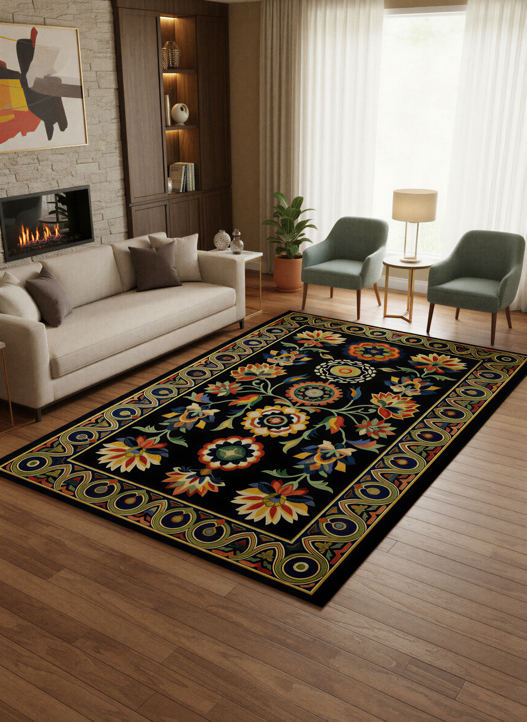 Arte HD037 Klasik Çiçek Desenli Renkli Dekoratif Dokuma Halı