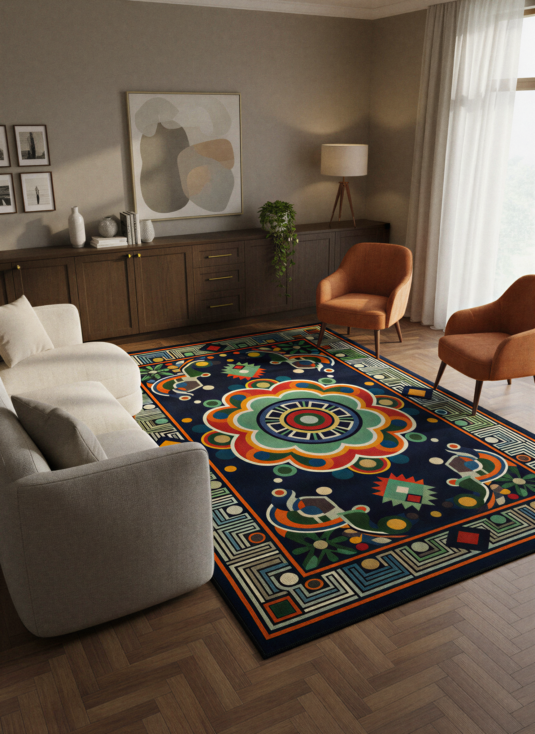 Arte HD036 Klasik Geometrik Desenli Renkli Dekoratif Dokuma Halı