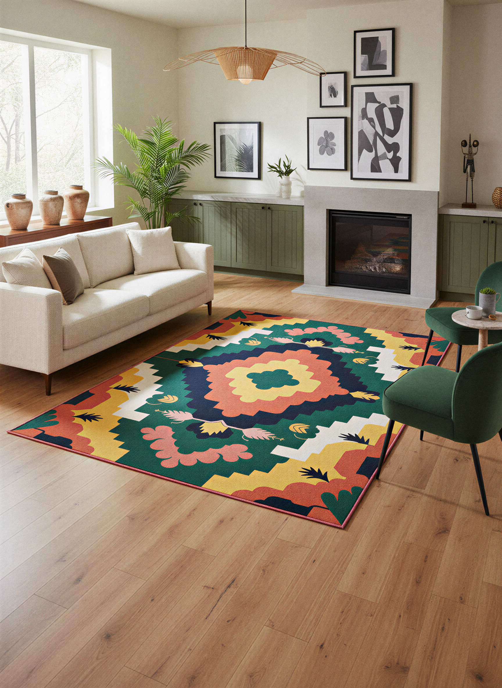 Arte HD033 Çiçek Figürlü Renkli Geometrik Desenli Dekoratif Dokuma Halı (Kopya)