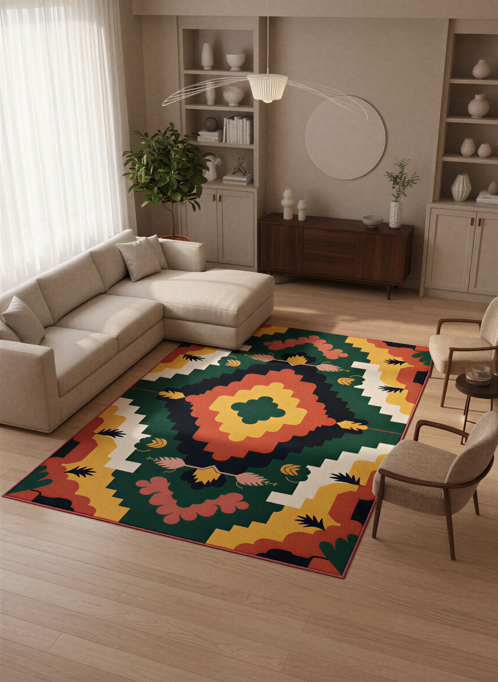 Arte HD033 Çiçek Figürlü Renkli Geometrik Desenli Dekoratif Dokuma Halı (Kopya)