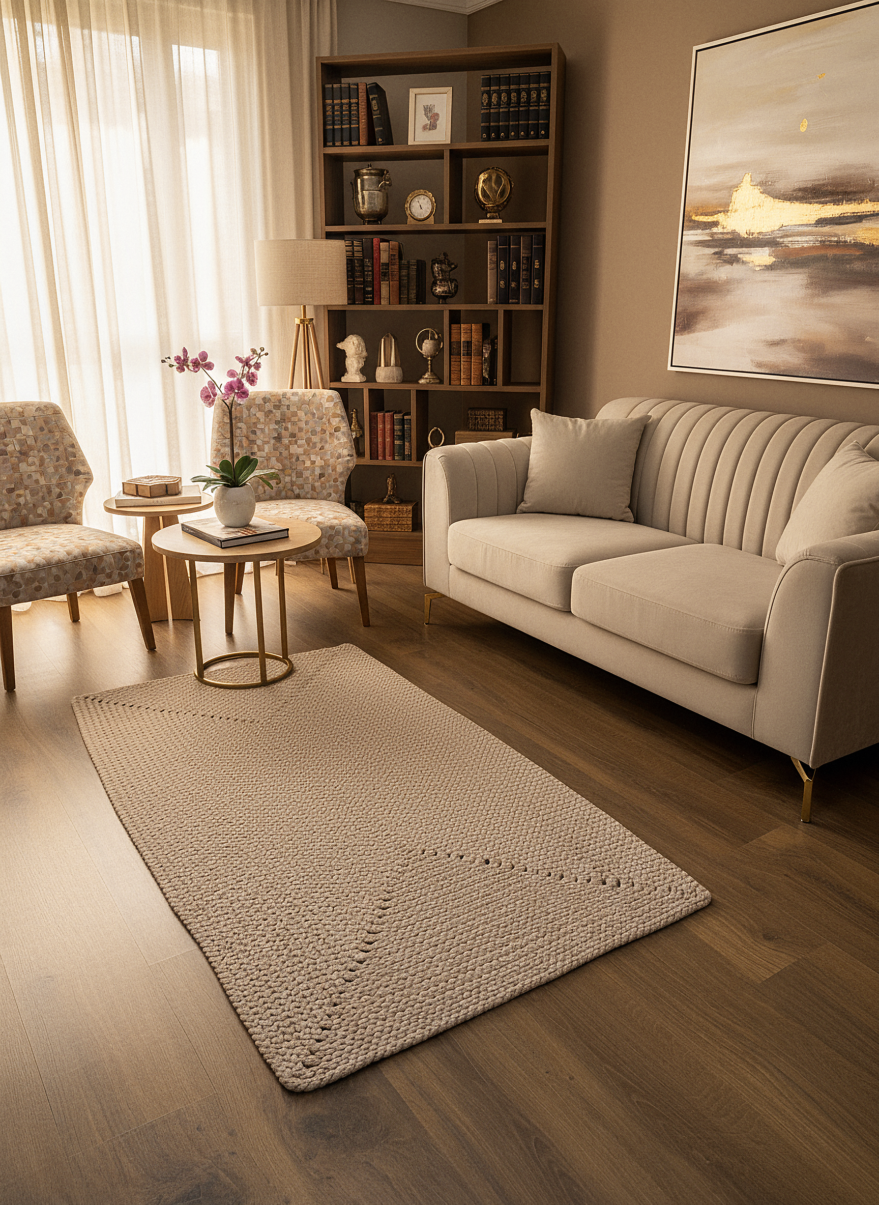 JÜT ÖRGÜ-02 BEJ El Örgüsü Jüt Hasır Halı