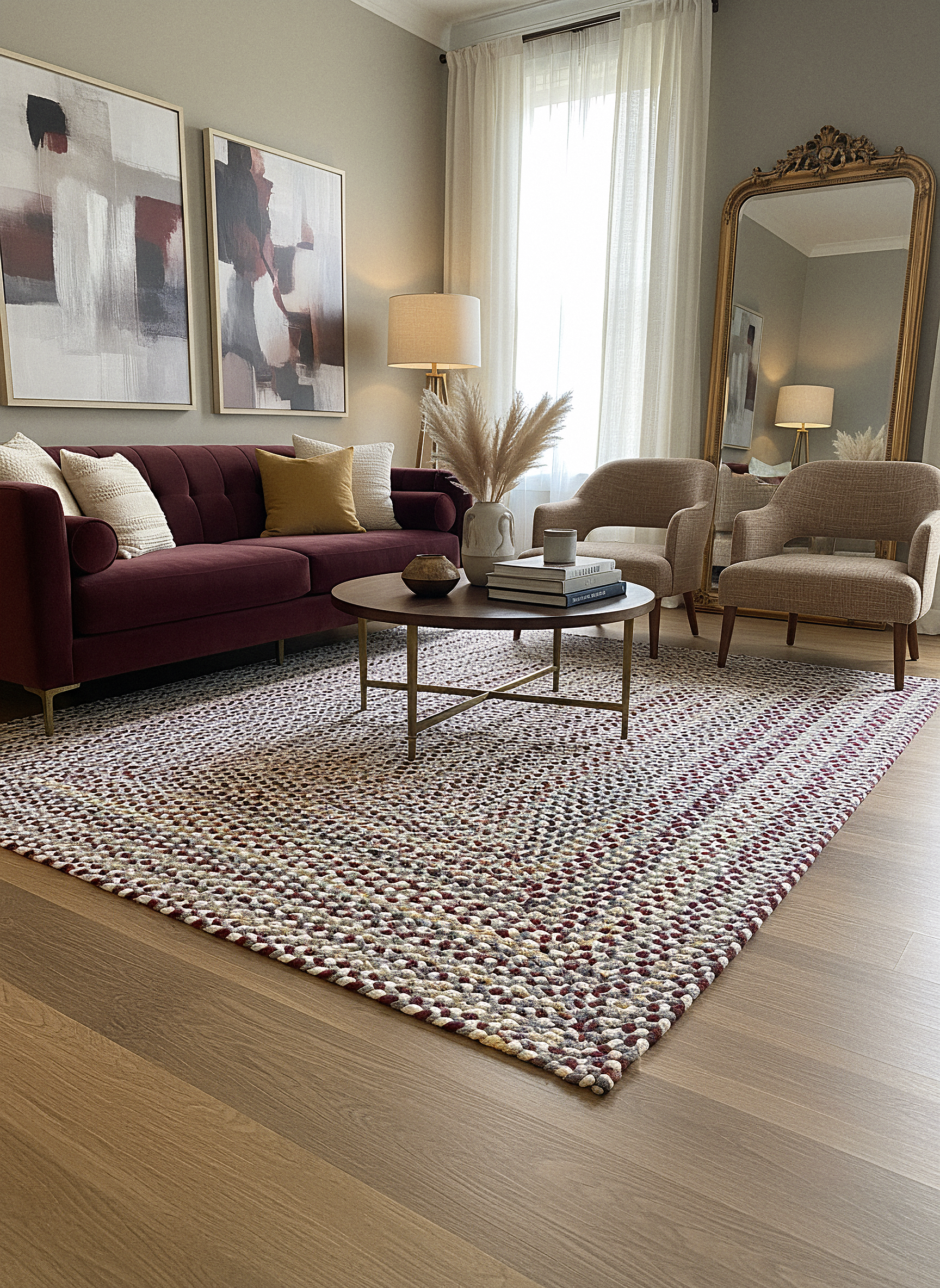 JÜT ÖRGÜ-03 BORDO GRİ El Örgüsü Jüt Hasır Halı