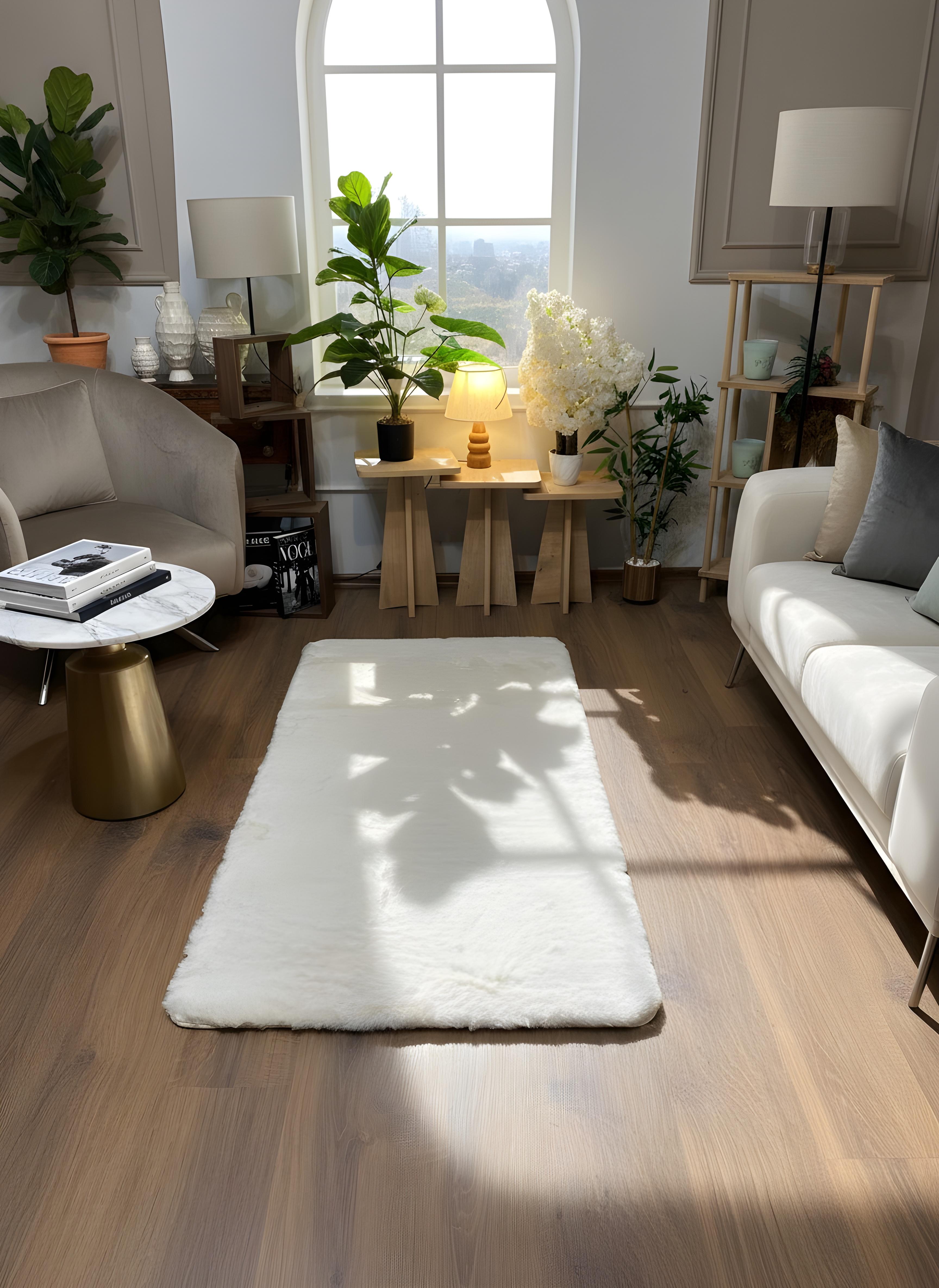 TAVŞAN KREM - Kaymaz Deri Taban Tavşan Shaggy Yatak Odası Oturma Odası Çocuk Odası Halısı