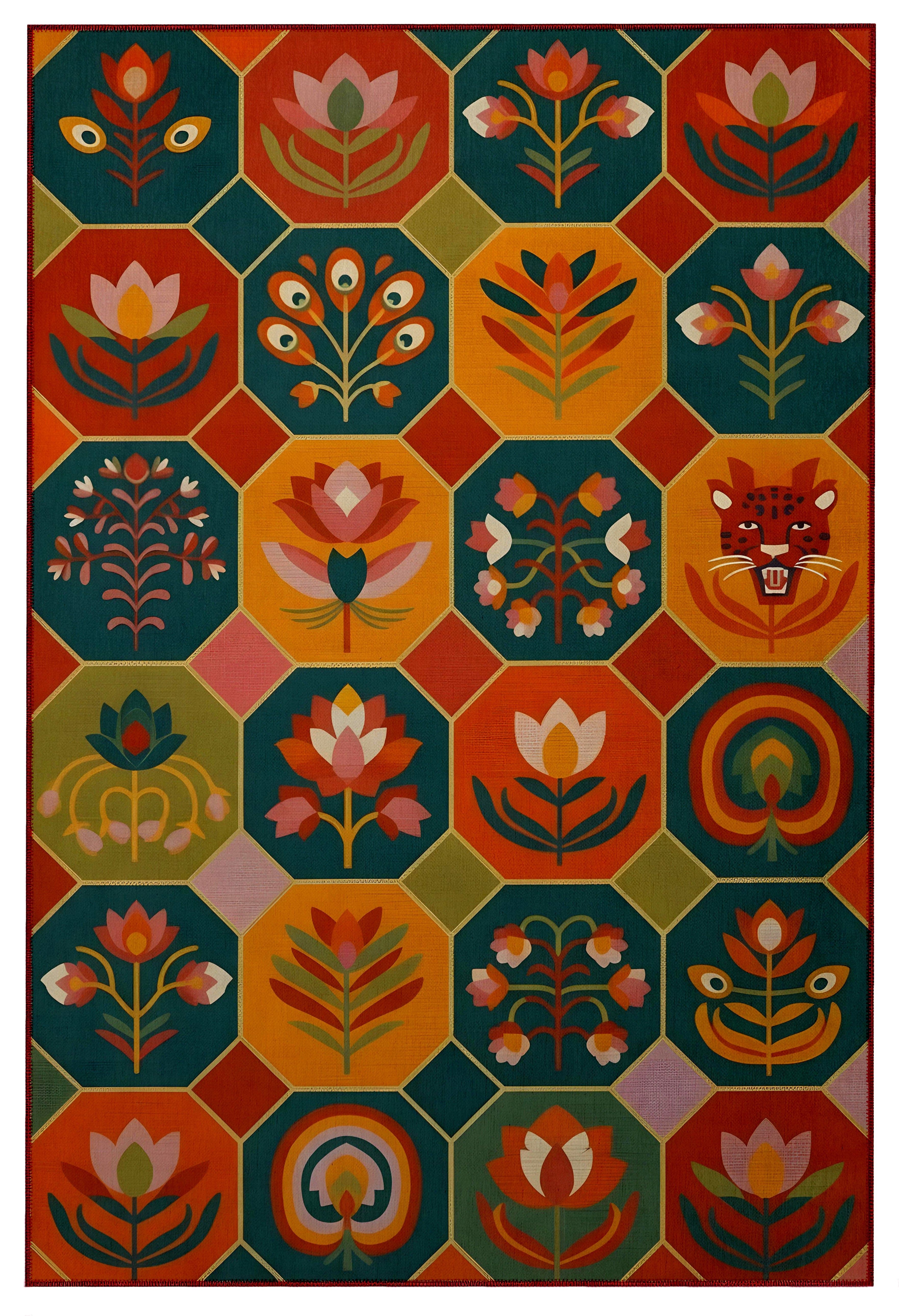 Arte HD031 Çiçek ve Hayvan Figürlü Modern Renkli Desenli Dekoratif Dokuma Halı