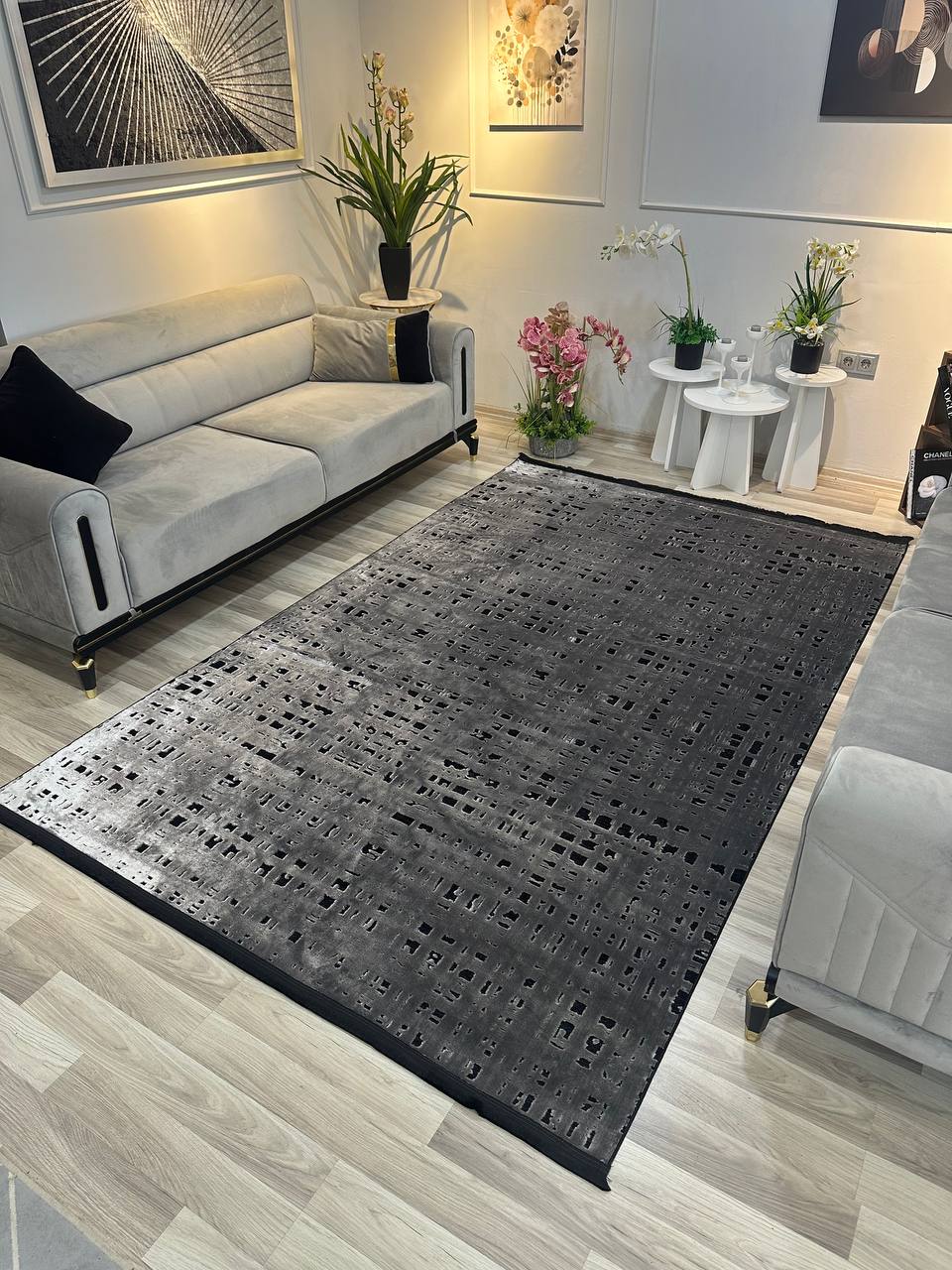 SÜMER KP-178 GRİ  Sentetik Bambu Parlak Saten Salon Koridor Mutfak Halısı-KP