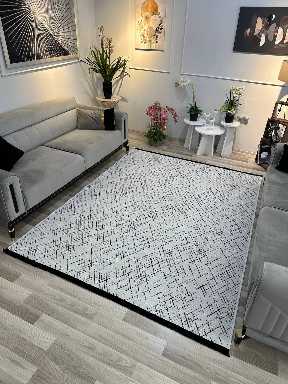 ŞÖNİL HİTİT BEYAZ İskandinav Desenli Dokuma Şönil Salon Koridor Mutfak Halısı-KP