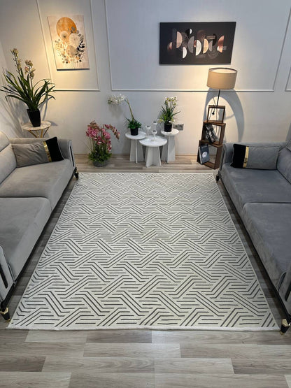 ŞÖNİL PERLA KREM Kaymaz Taban İskandinav Desenli Salon Koridor Mutfak Şönil Kilim Dokuma Halı-KP