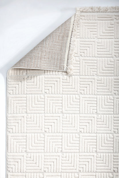 MİLAS L7 BEJ Kabartmalı Modern Geometrik Desenli Salon Koridor Mutfak Halısı-KP