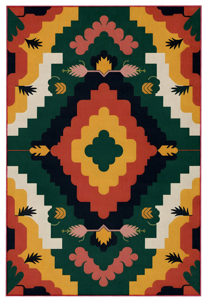 Arte HD033 Çiçek Figürlü Renkli Geometrik Desenli Dekoratif Dokuma Halı (Kopya)