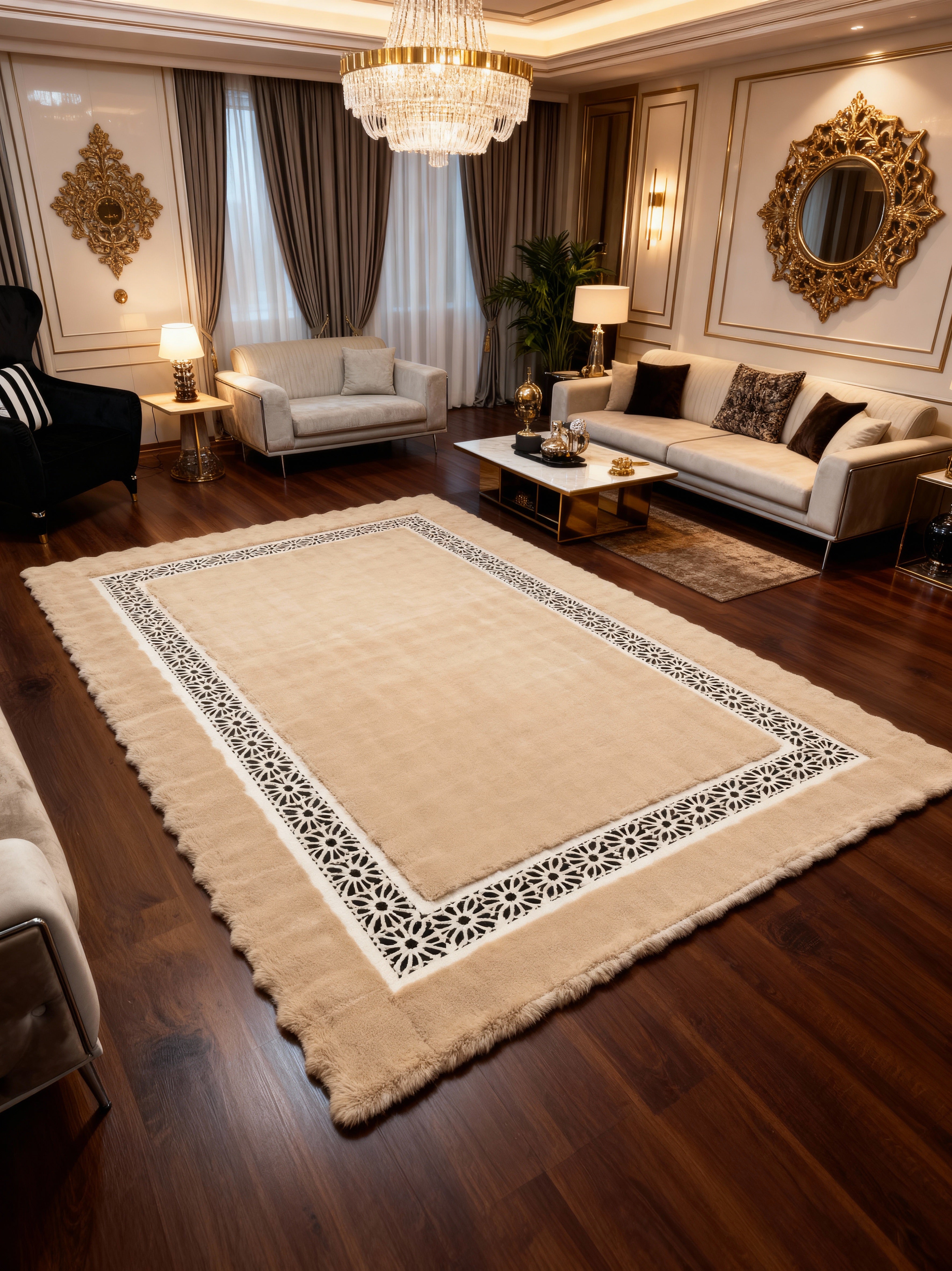 Royal Serisi Akik - El İşçiliği ile Tavşan Post ve Varaklı Deri Dekoratif Halı