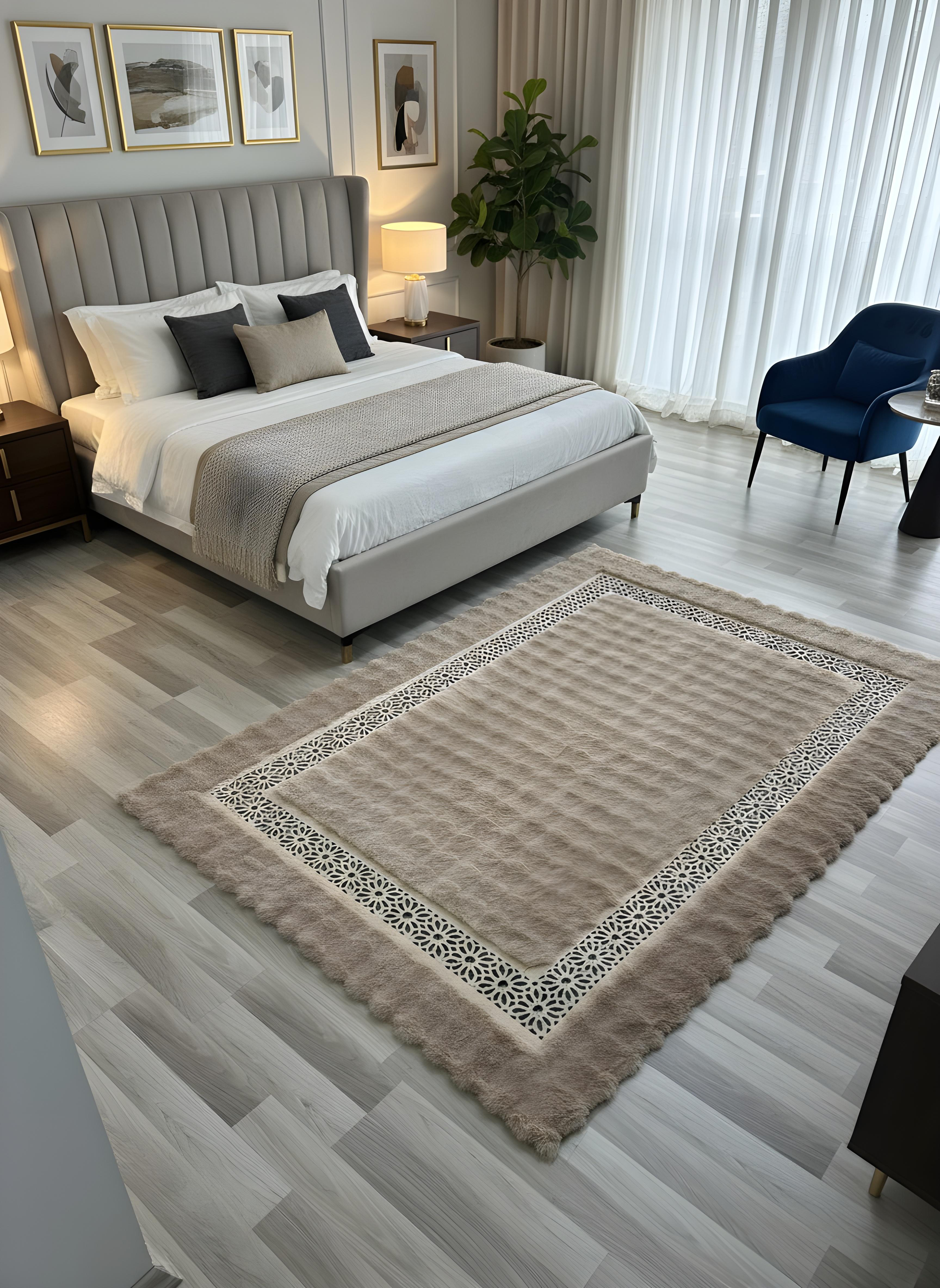 Royal Serisi Akik - El İşçiliği ile Tavşan Post ve Varaklı Deri Dekoratif Halı