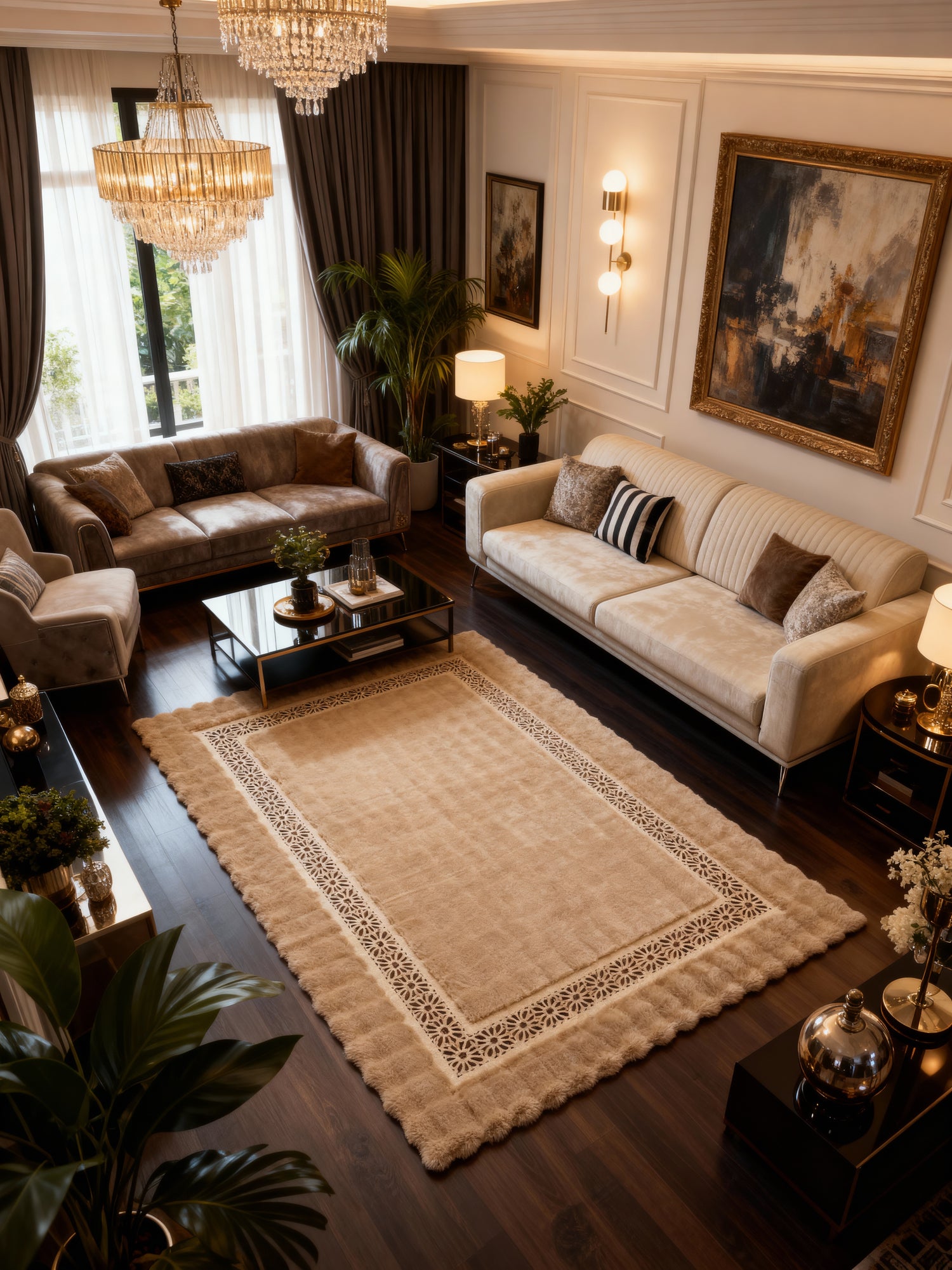 Royal Serisi Akik - El İşçiliği ile Tavşan Post ve Varaklı Deri Dekoratif Halı