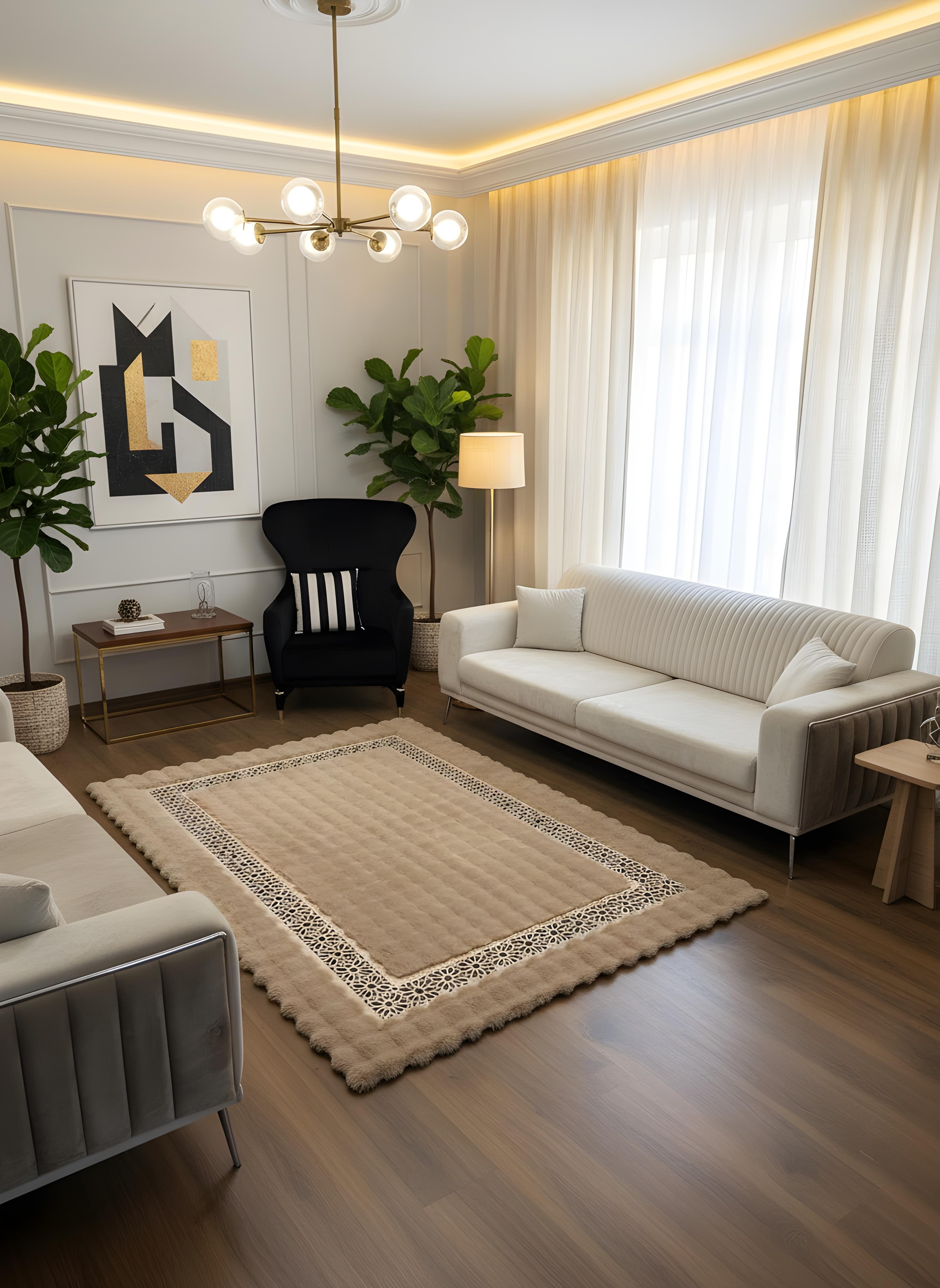 Royal Serisi Akik - El İşçiliği ile Tavşan Post ve Varaklı Deri Dekoratif Halı