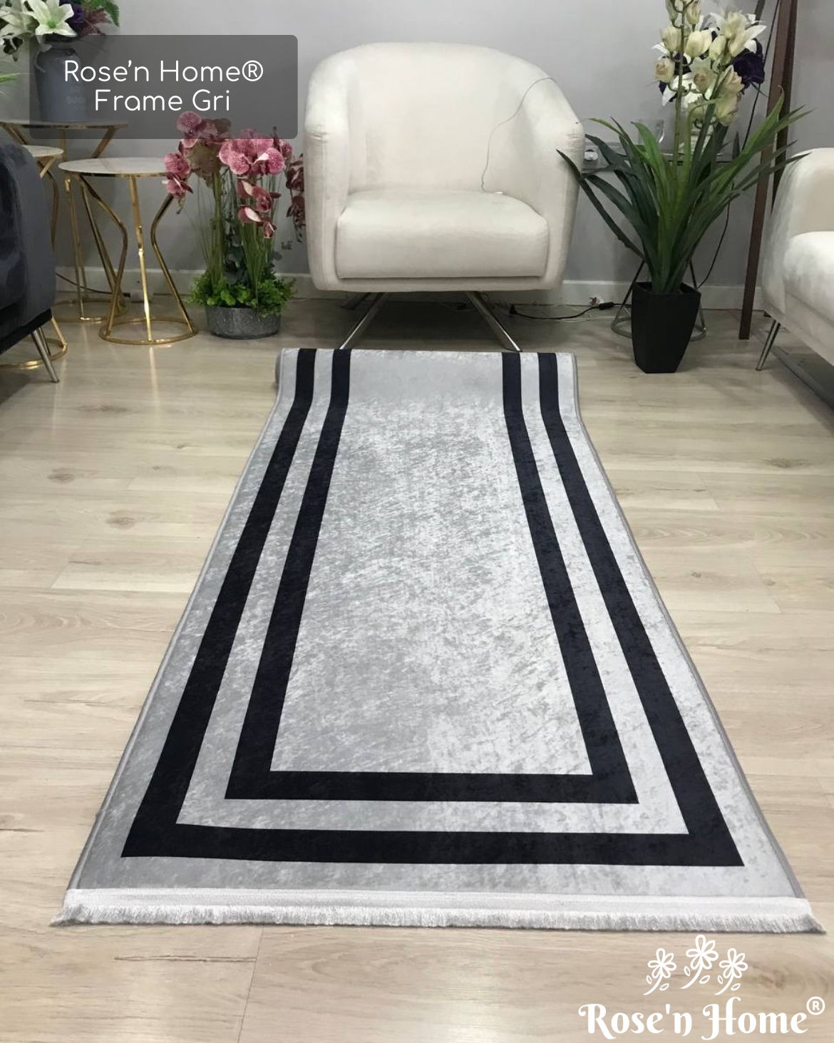 FRAME SİYAH GRİ - %100 Pamuk Dokuma Taban Makinede Yıkanabilir Kaymaz Halı