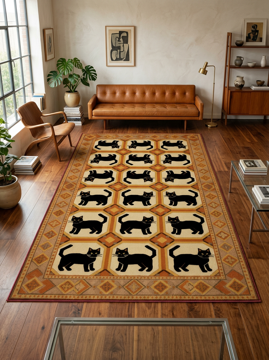 Arte KD001 Kedi Desenli Pati Dostu Hayvanseverler İçin Dekoratif Halı