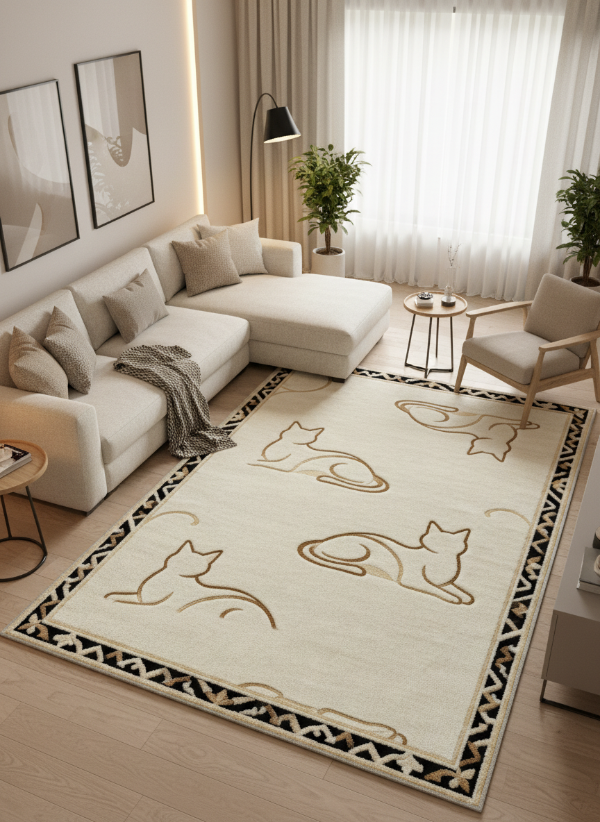 Arte KD004 Kedi Desenli Pati Dostu Hayvanseverler İçin Dekoratif Halı