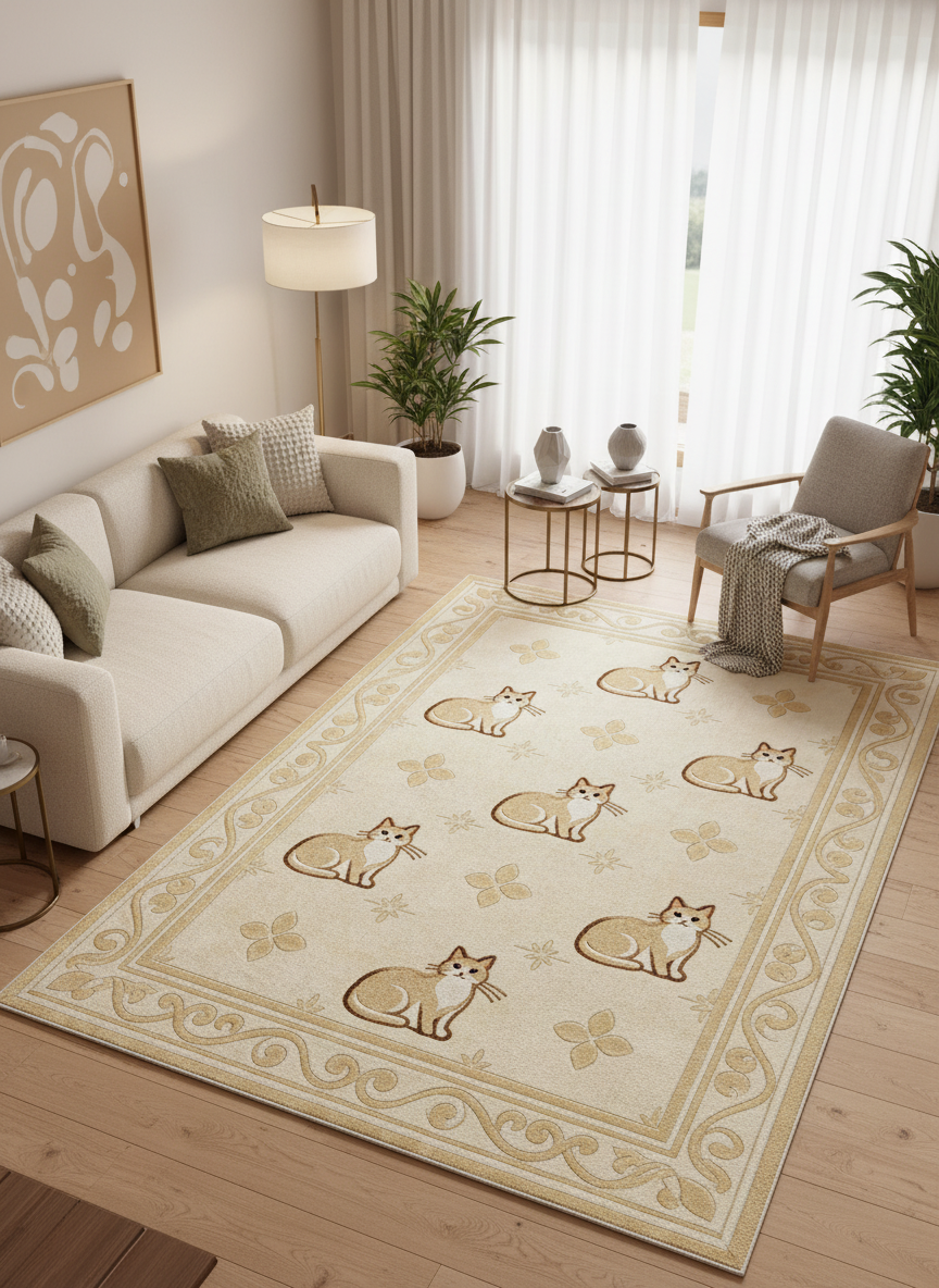 Arte KD005 Kedi Desenli Pati Dostu Hayvanseverler İçin Dekoratif Halı