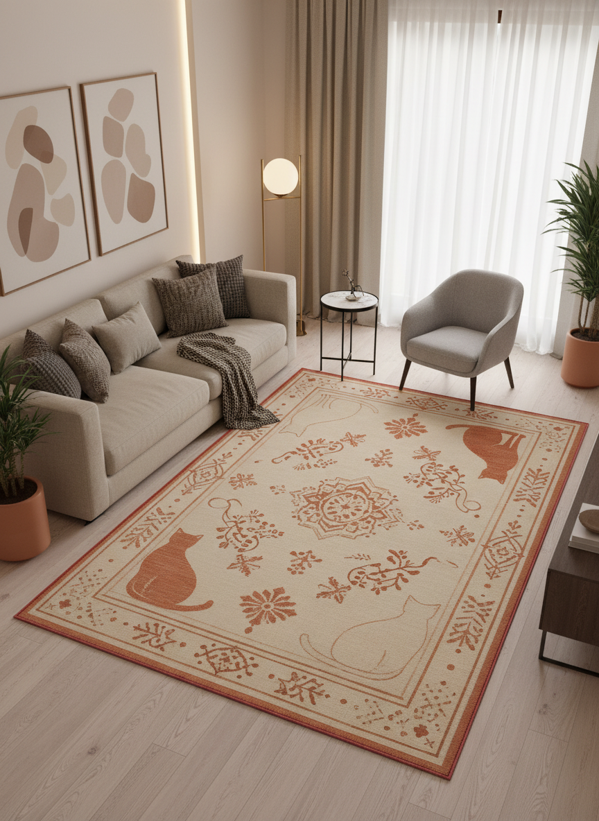 Arte KD0010 Kedi Desenli Pati Dostu Hayvanseverler İçin Dekoratif Halı