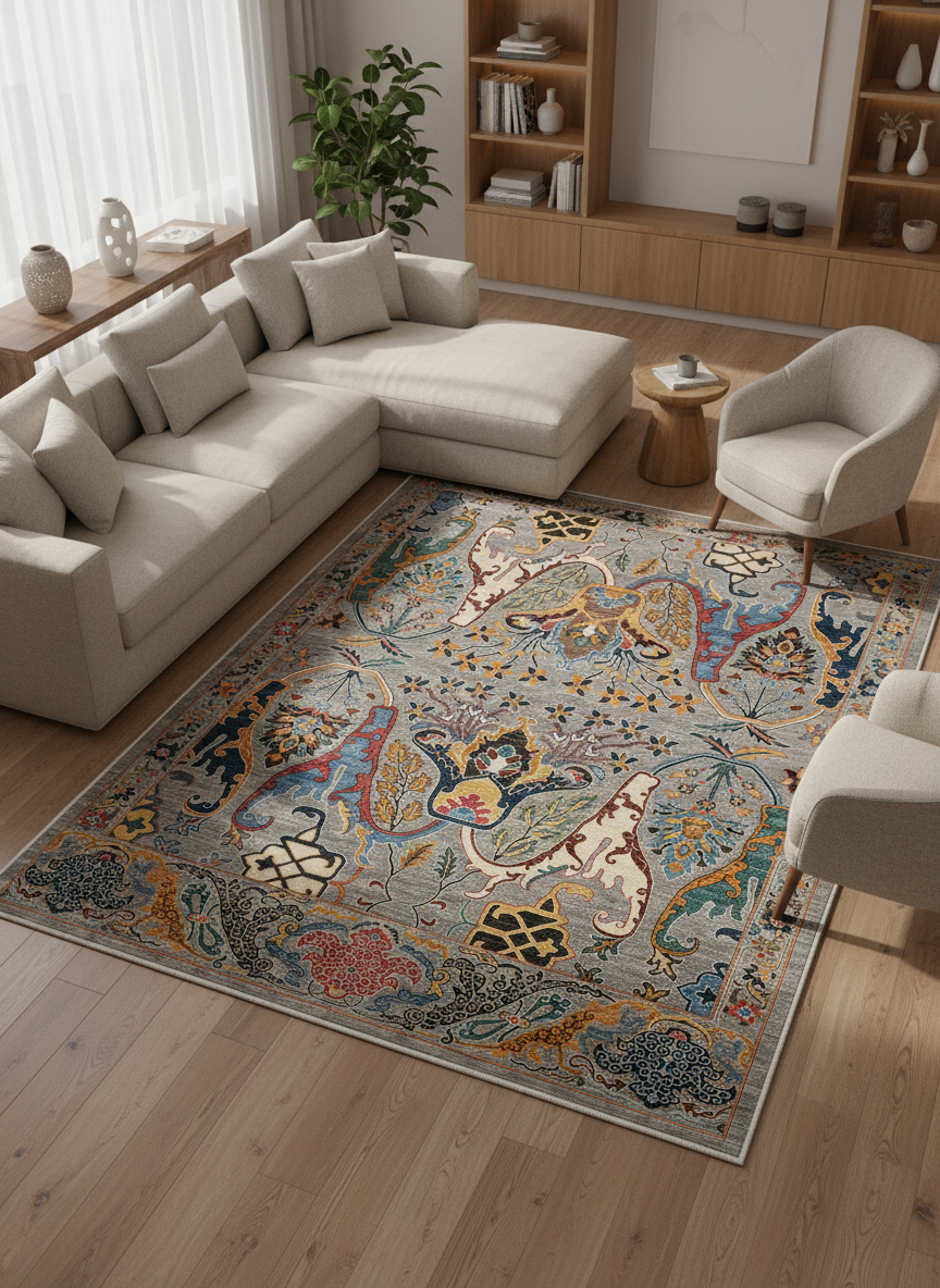 Arte VN004-3 Vintage Klasik Çiçek Figürlü Dekoratif Şönil Halı