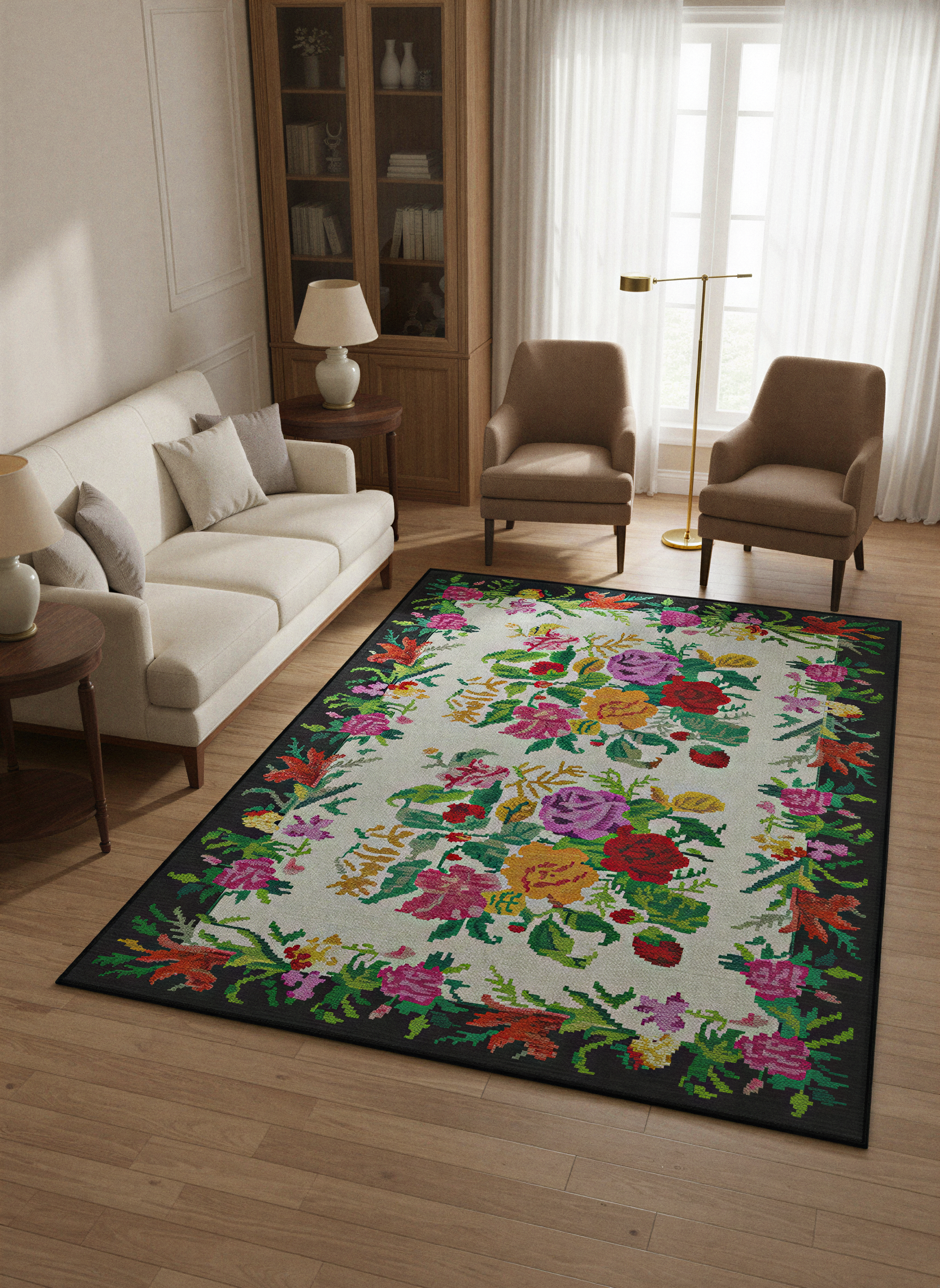 Arte VN006 Vintage Klasik Çiçek Figürlü Dekoratif Şönil Halı