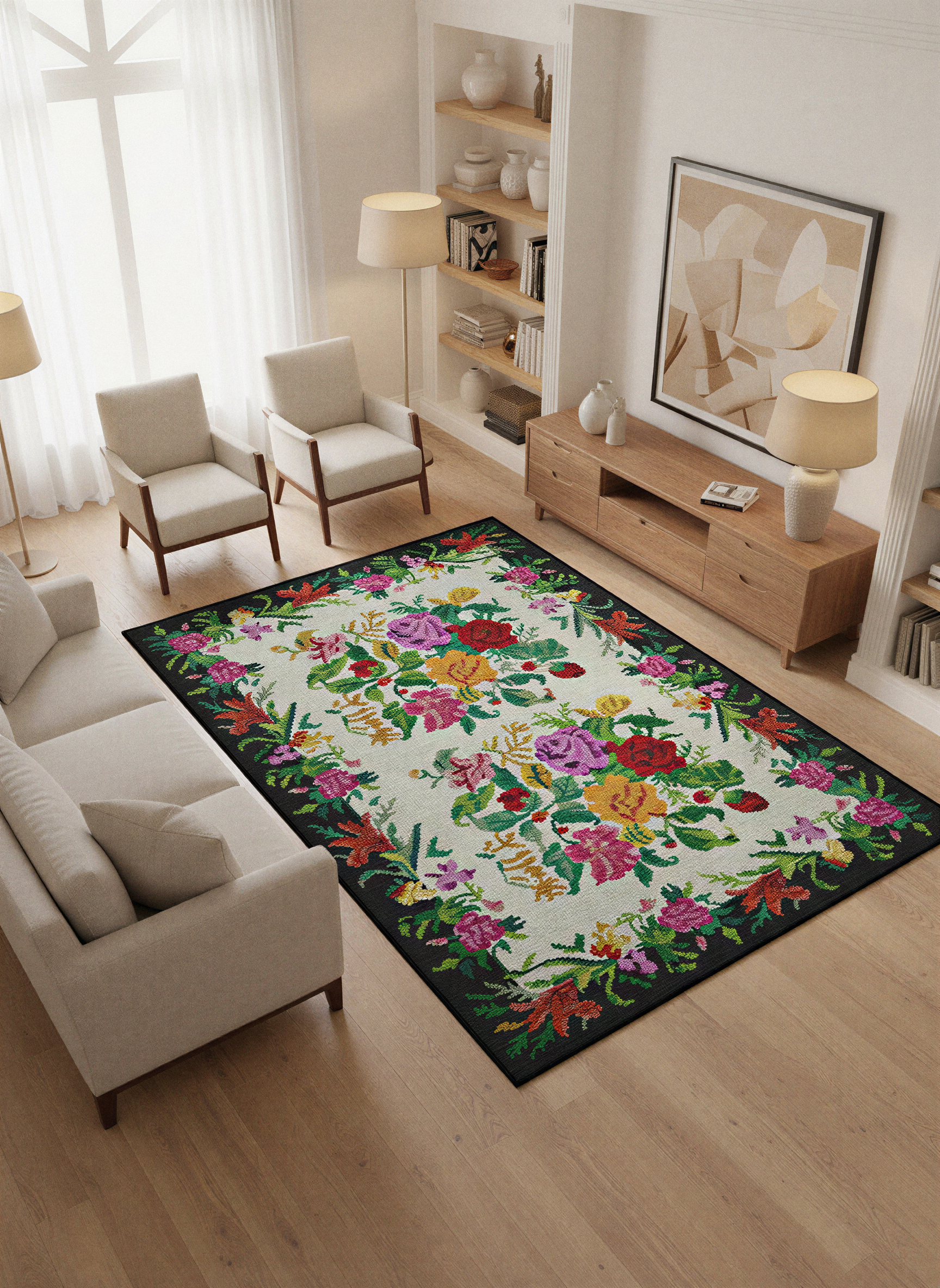 Arte VN006 Vintage Klasik Çiçek Figürlü Dekoratif Şönil Halı