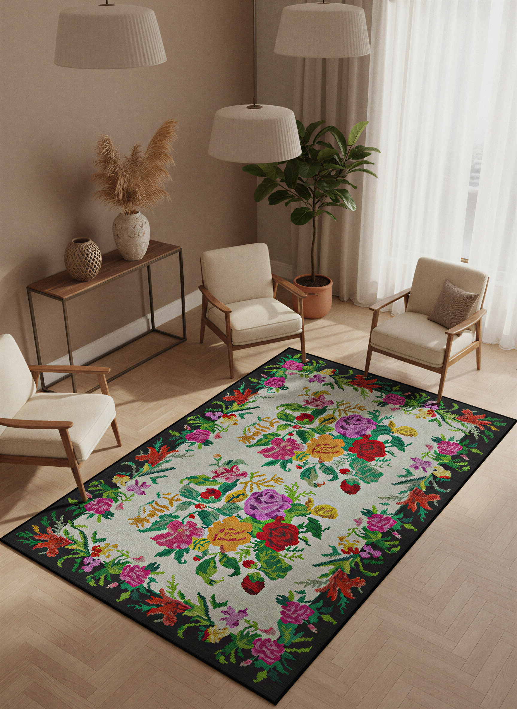 Arte VN006 Vintage Klasik Çiçek Figürlü Dekoratif Şönil Halı