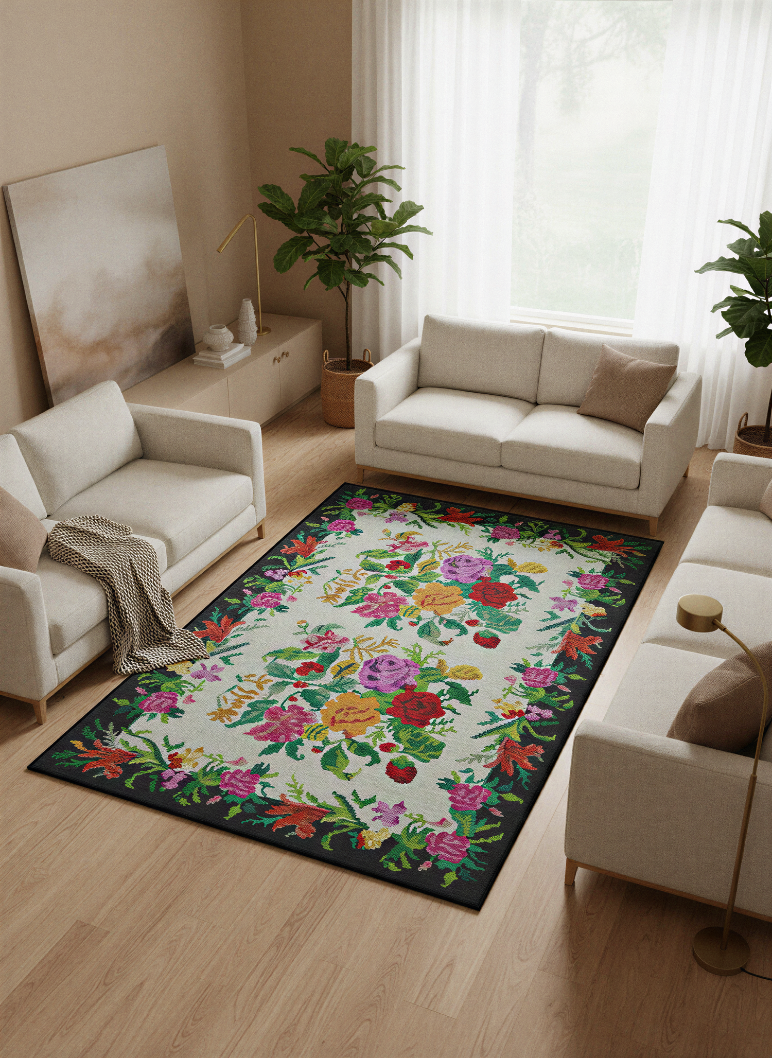 Arte VN006 Vintage Klasik Çiçek Figürlü Dekoratif Şönil Halı