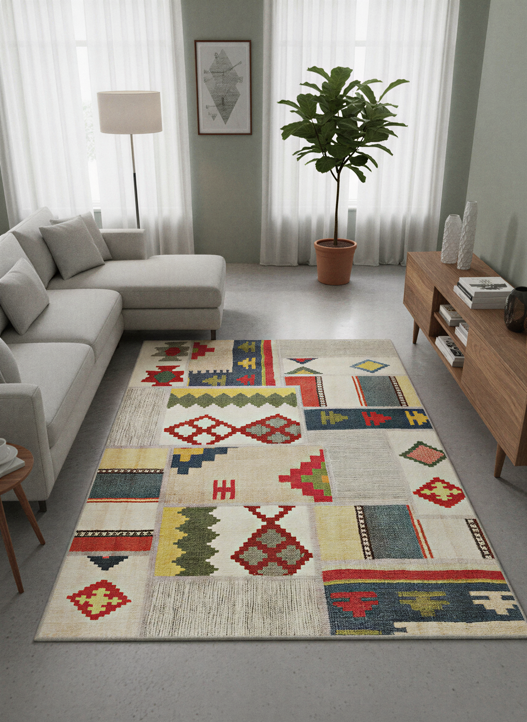 Arte VN014 İskandinav Desenli Renkli Patch Dekoratif Şönil Halı